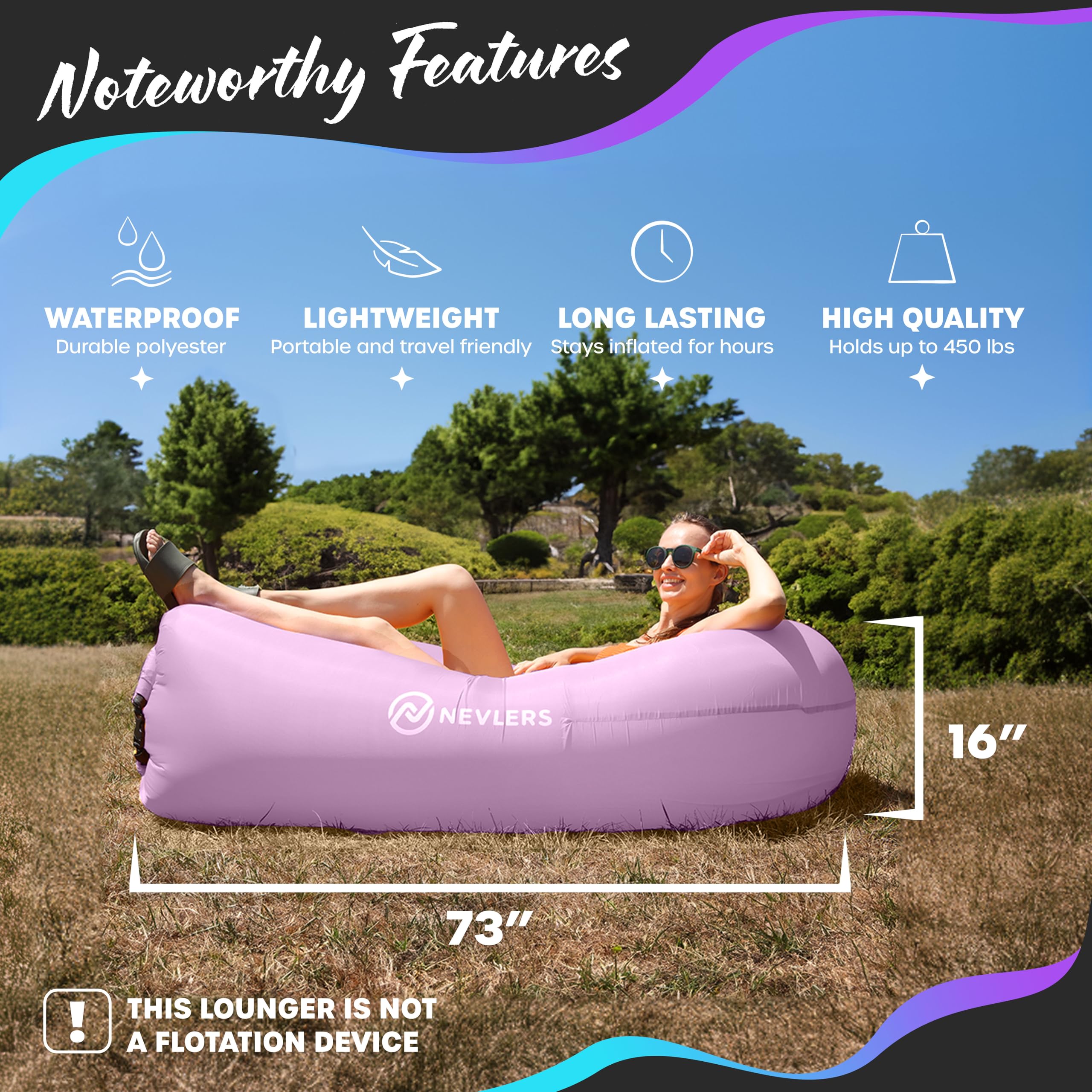 Nevlers 2 Pack Inflatable Loungers - Portable Air Sofa Couch for Beach, Camping, Travel & Outdoor Relaxation | Includes Travel Bag, Pegs & 3 Storage Pockets | Perfect for Picnics, Backyard, Poolside & Festival Seating