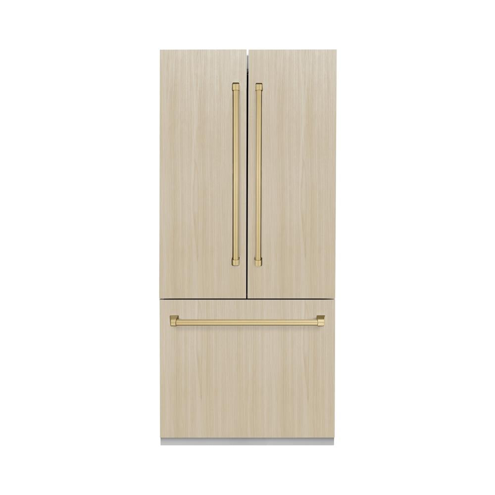 ZLINE Autograph Edition 36 Inch Panel Ready French Door Refrigerator - 19.6 cu ft Built-In Bottom Freezer with Ice Maker & Water Dispenser - Champagne Bronze Accents (RBIVZ 36 CB) - Perfect for Modern Kitchens & Luxury Homes