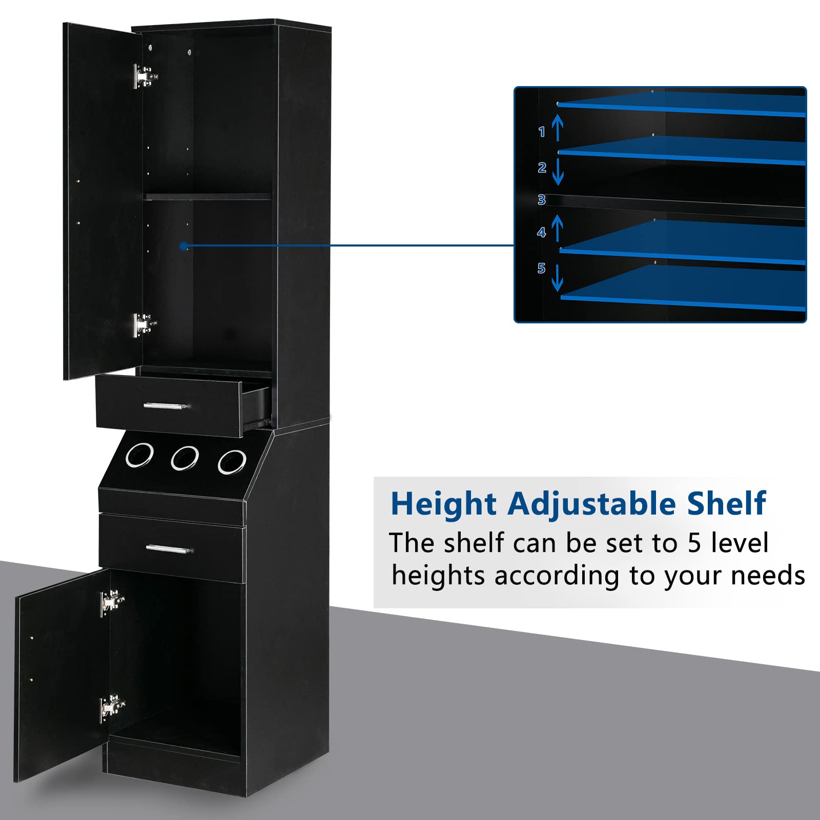 OmySalon Professional Barber Station with 2-Tier Storage Shelf, 2 Drawers, Large Cabinet & 3 Hot Tool Holders - Perfect for Salon, Barbershop & Home Hair Styling Organization - Black