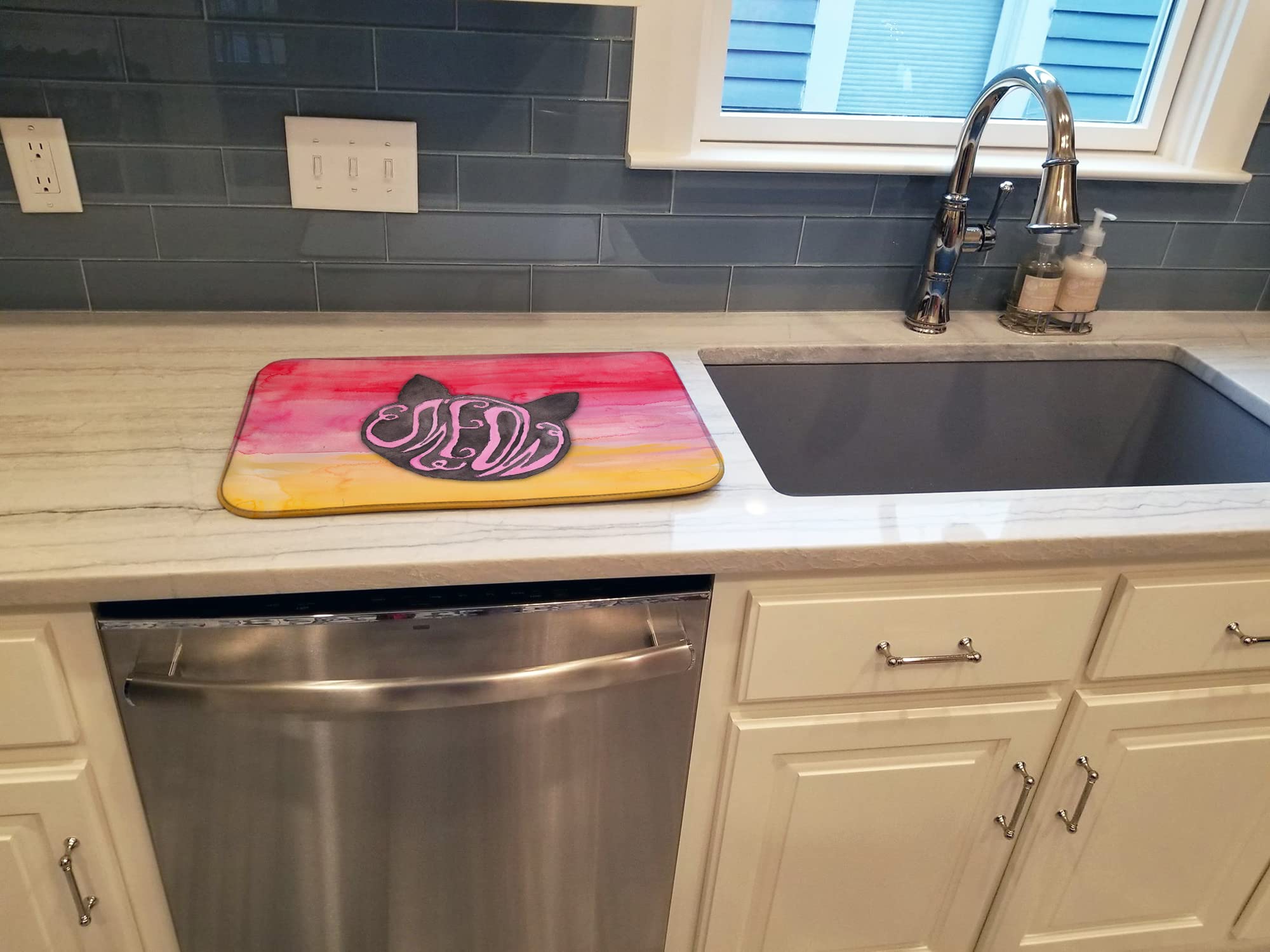 Cat Face Watercolor Dish Drying Mat - Absorbent Kitchen Counter Pad for Dishes, 14x21