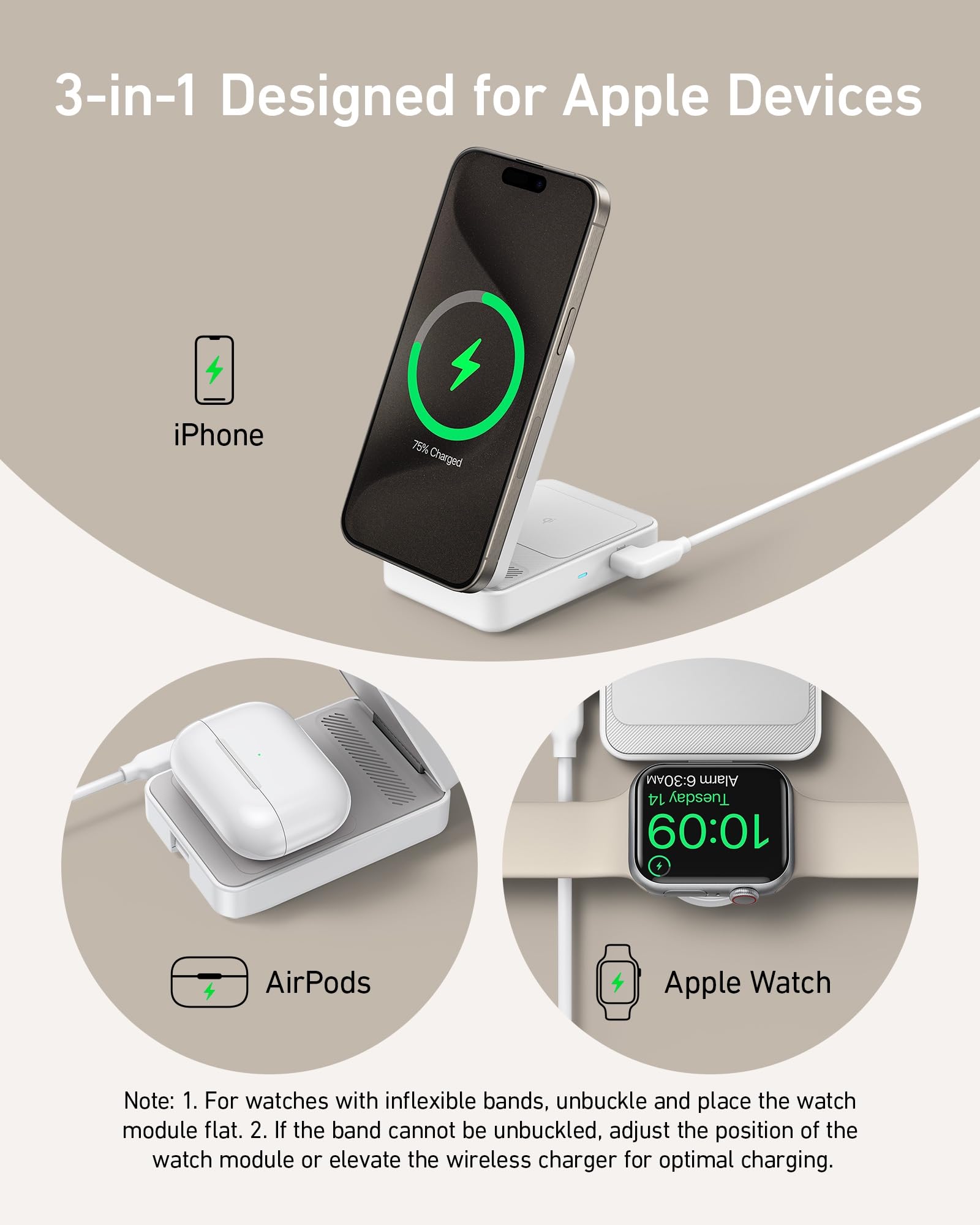 Anker MagGo 3-in-1 Foldable Wireless Charging Station with MagSafe | Qi2 Certified 15W Fast Charger for iPhone 16/15/14 Series | Compatible with AirPods & Apple Watch 9 | Includes 40W USB-C Power Adapter | Perfect for Home, Office & Travel Charging Needs
