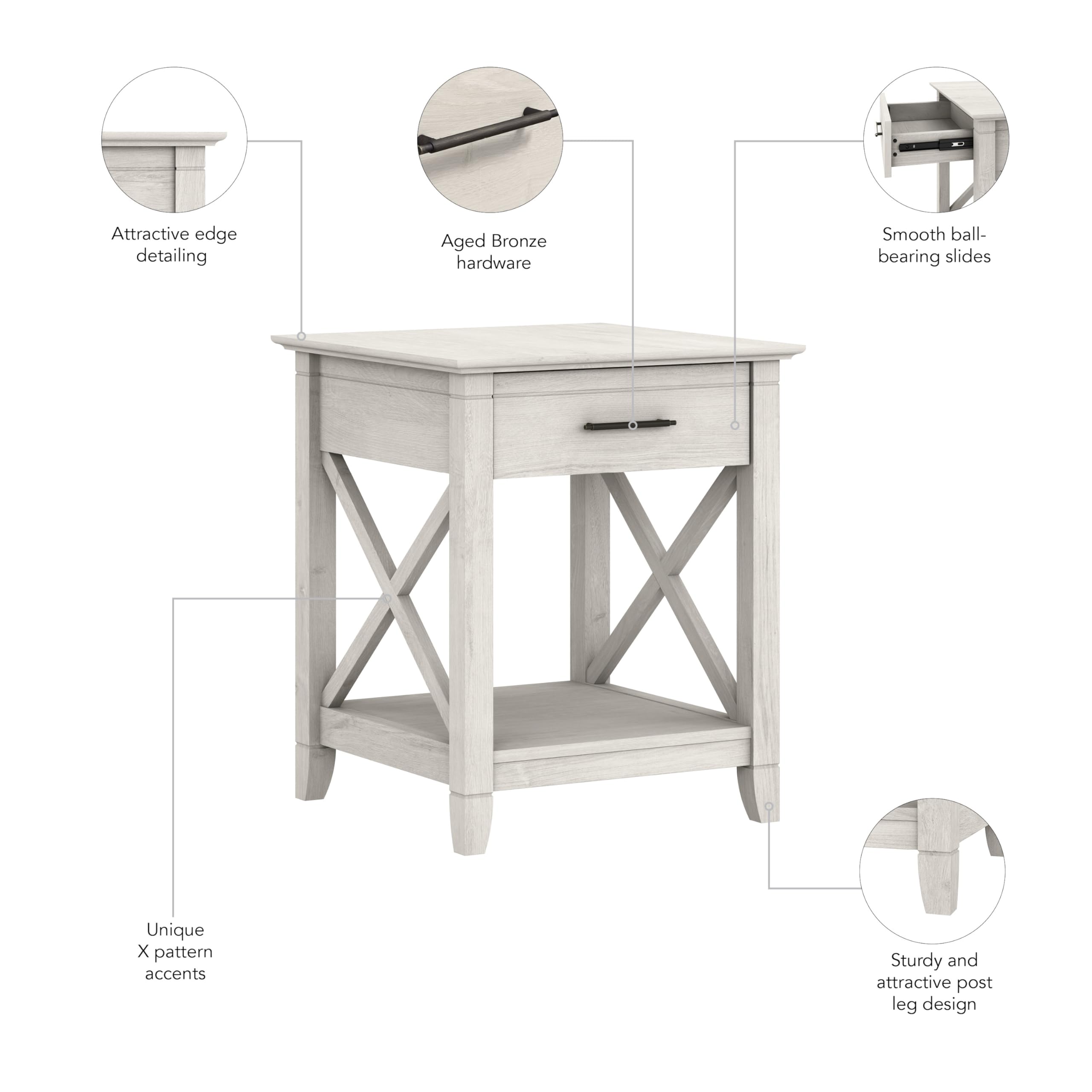 Bush Furniture Key West Nightstand with Drawer - Solid White Oak Wood Bedside Table for Bedroom, Living Room & Guest Room - Modern Night Stand with Storage Shelf