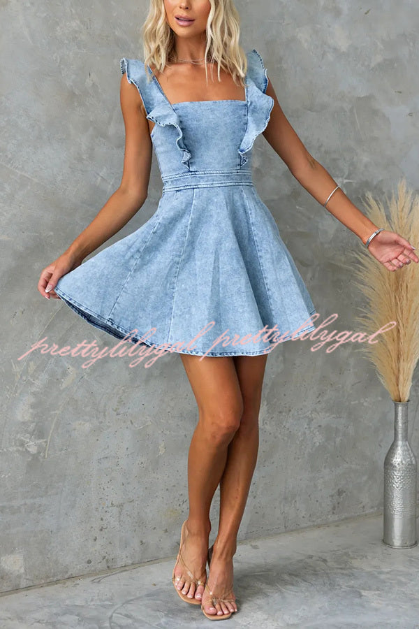 Sweet Secret Women's Denim Square Neck Ruffle Sleeve Stretch Mini Dress - Casual Summer Outfit for Date Night & Beach Vacation