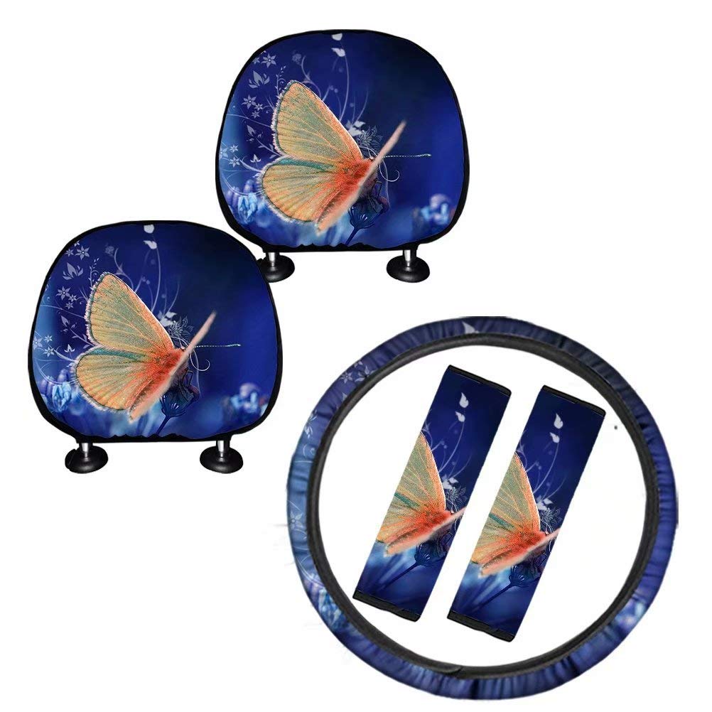 Deeprinter Butterfly FlyCar Accessories Set of 5 - Sloth Pink Steering Wheel Cover, Seat Belt Shoulder Pads & Flower Headrest Cover for Car Protection | Cute Car Interior Decor for Women & Girls | Perfect for Daily Commute, Road Trips & Gift Giving