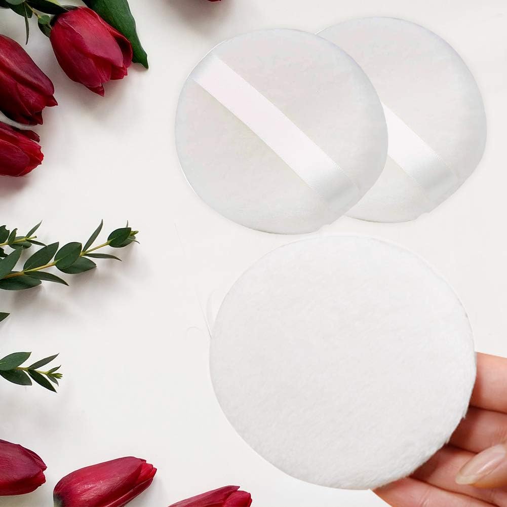 4 PCS Large Velour Powder Puffs - 4.13 Inch Round Ultra Soft Body & Face Powder Applicators, Washable Fluffy Makeup Puffs with Ribbon for Loose Powder, Baby Powder & Cosmetics - Perfect for Home Spa, Makeup Application & Baby Care Routines