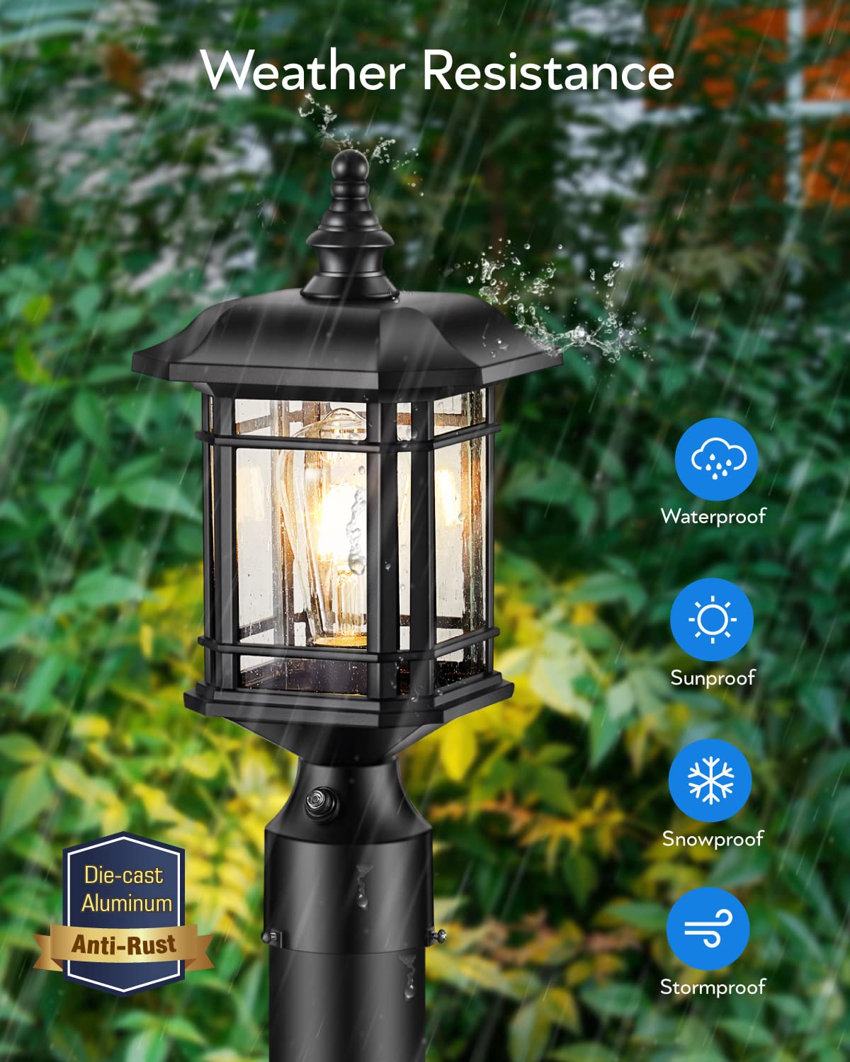 VIANIS Black Outdoor Post Lights - Dusk to Dawn LED Lantern with Pier Mount Base, Waterproof Aluminum Fixture & Tempered Seeded Glass - Perfect for Patio, Garden, Driveway, Walkway, and Front Yard Lighting