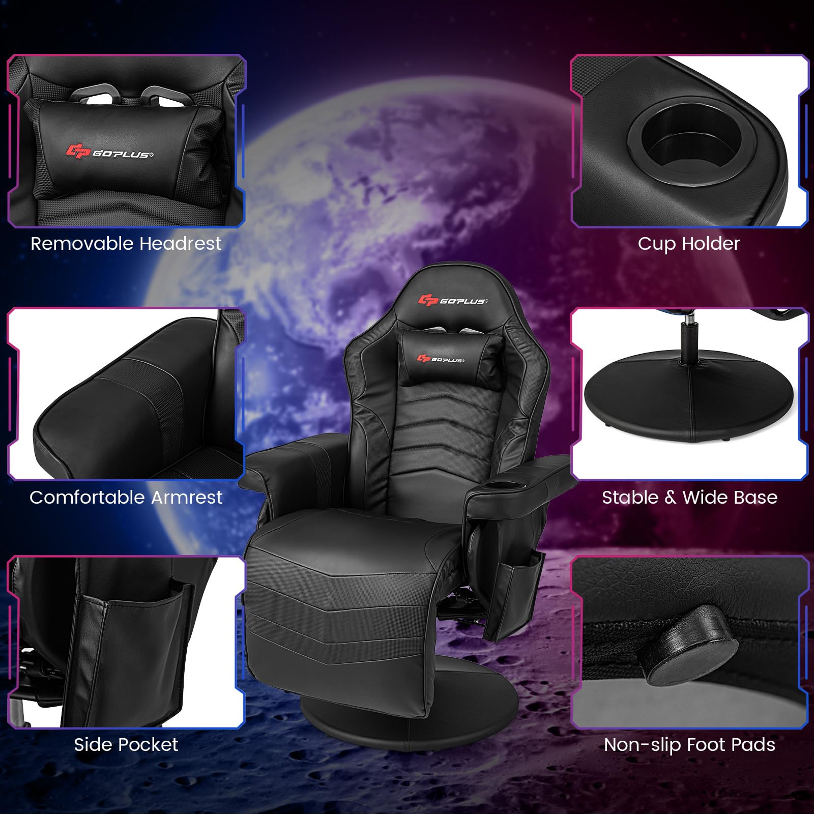 Goplus Ergonomic Gaming Chair - Adjustable Height, Massage, Retractable Footrest, Cup Holder & Headrest - Swivel Office & Racing Style Gamer Chair (Black) - Perfect for PC Gaming, Streaming & Home Office Work