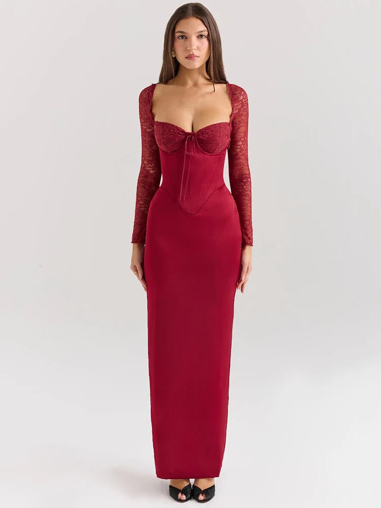 Sexy Backless Long Sleeve Maxi Dress for Women - Solid Square Neck Lace-Up Back Bodycon Club Dress with High Slit | Elegant Evening Wear for Parties, Date Nights & Special Occasions