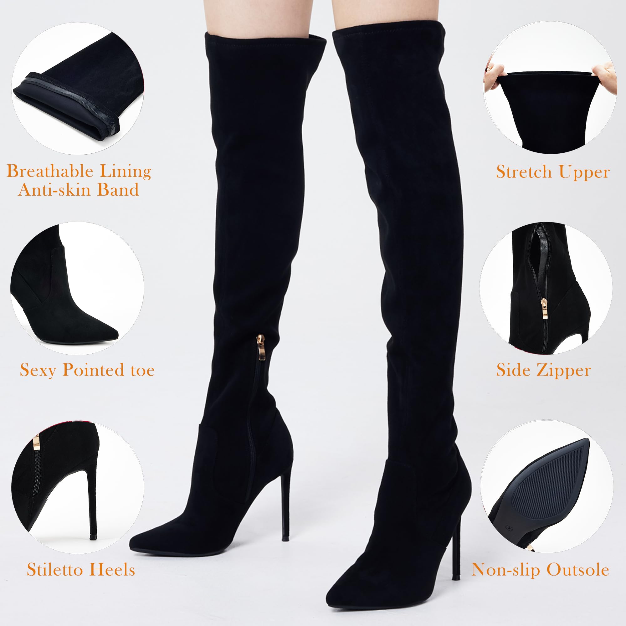 GENSHUO Women's Suede Over The Knee Boots with Stiletto Heel - Stretchy Thigh High Boots, Pointed Toe, Sexy Long Boots for Party, Night Out & Winter Fashion