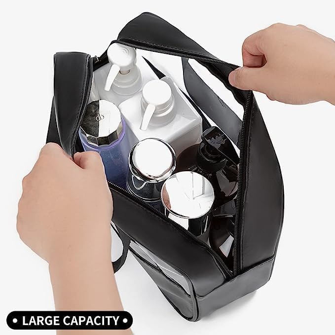 Salepush Clear Travel Toiletry Bag - Transparent Cosmetic Organizer with Handle for Women & Men | Waterproof Makeup Pouch for Airplane, Gym, Beach Essentials (Medium, Black)