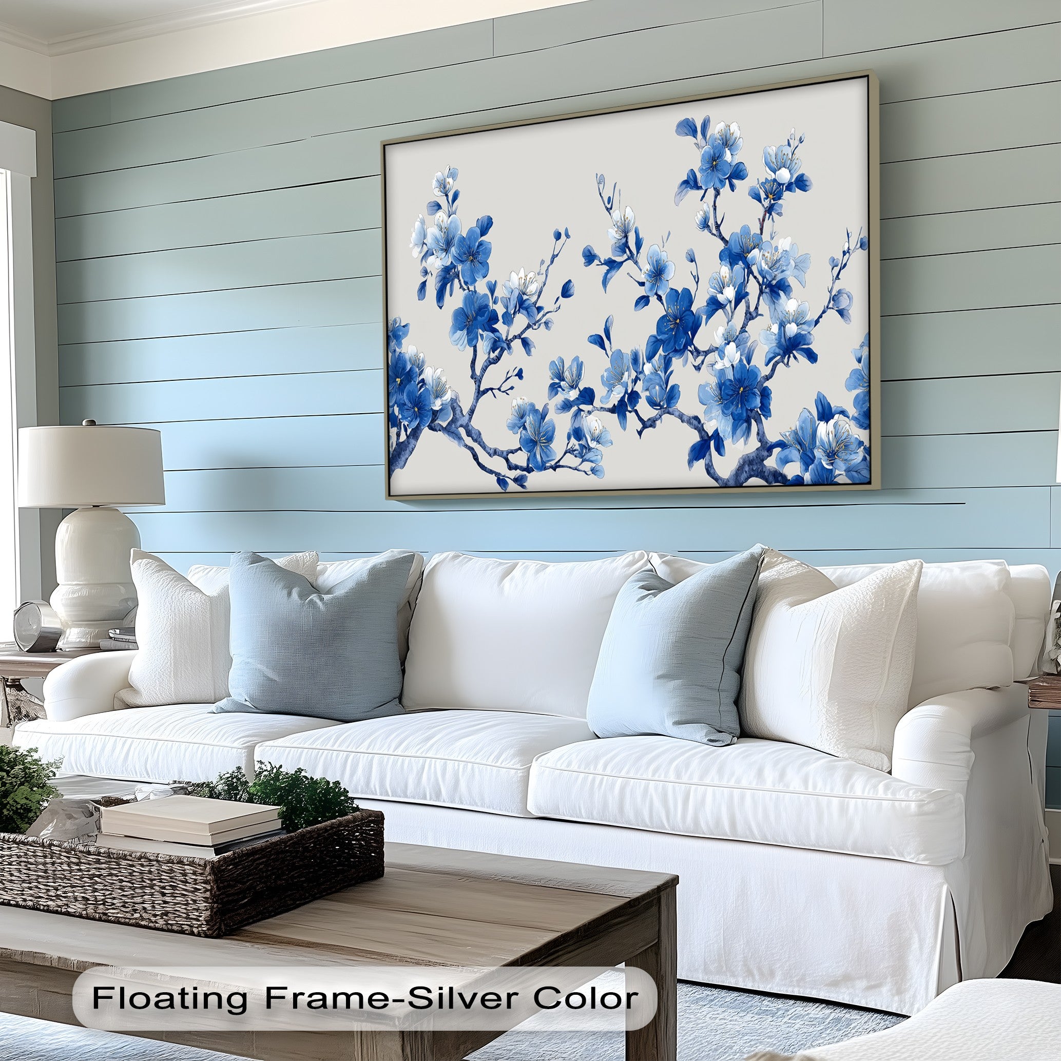 Blue Blossom Harmony Cherry Blossom Branch Canvas Wall Art - Japanese Style Floral Painting for Living Room, Bedroom & Office Decor