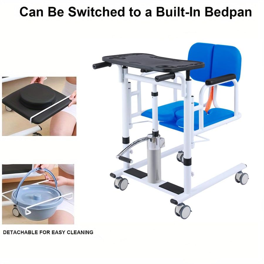 **Lightweight Folding Transfer Wheelchair & Adjustable Height Hydraulic Patient Lift Chair - Rolling Shower Chair for Elderly & Disabled - Home Mobility Aid (Blue) | Ideal for Bathroom, Bedroom & Indoor Use**