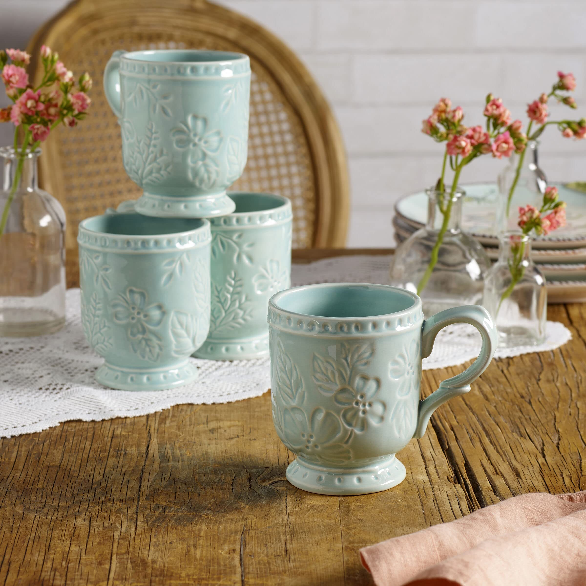 Fitz and Floyd English Garden 12 oz Blue Ceramic Coffee Mugs - Set of 4 Floral Tea Cups for Afternoon Tea, Gift Giving & Home Decor