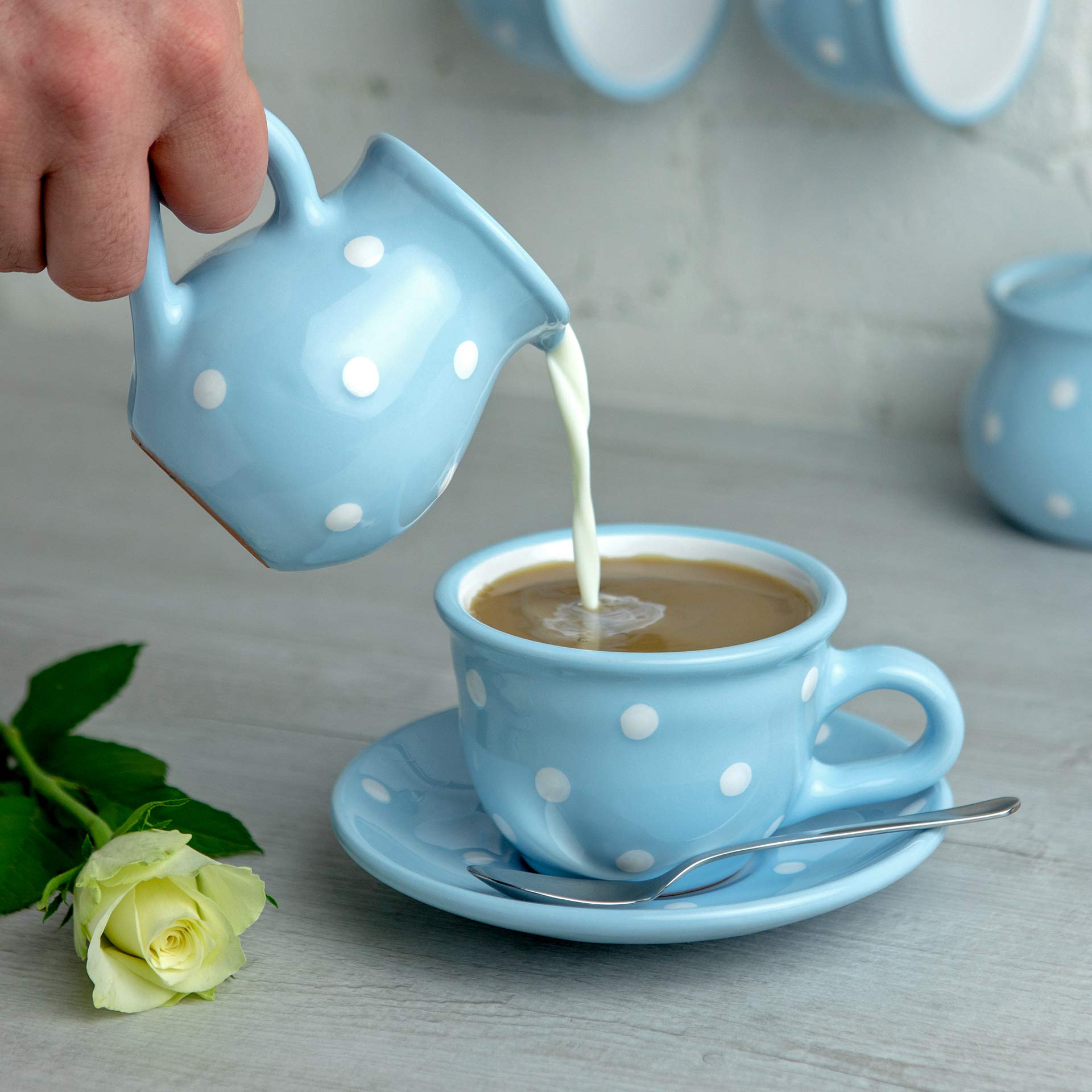 Handmade Baby Blue and White Polka Dot Ceramic Teapot Set - 1.7L (60oz) Large Capacity with 4 Cups & Saucers, Milk Jug & Sugar Bowl - Perfect for Afternoon Tea, Housewarming Gifts & Tea Lovers - City to Cottage®