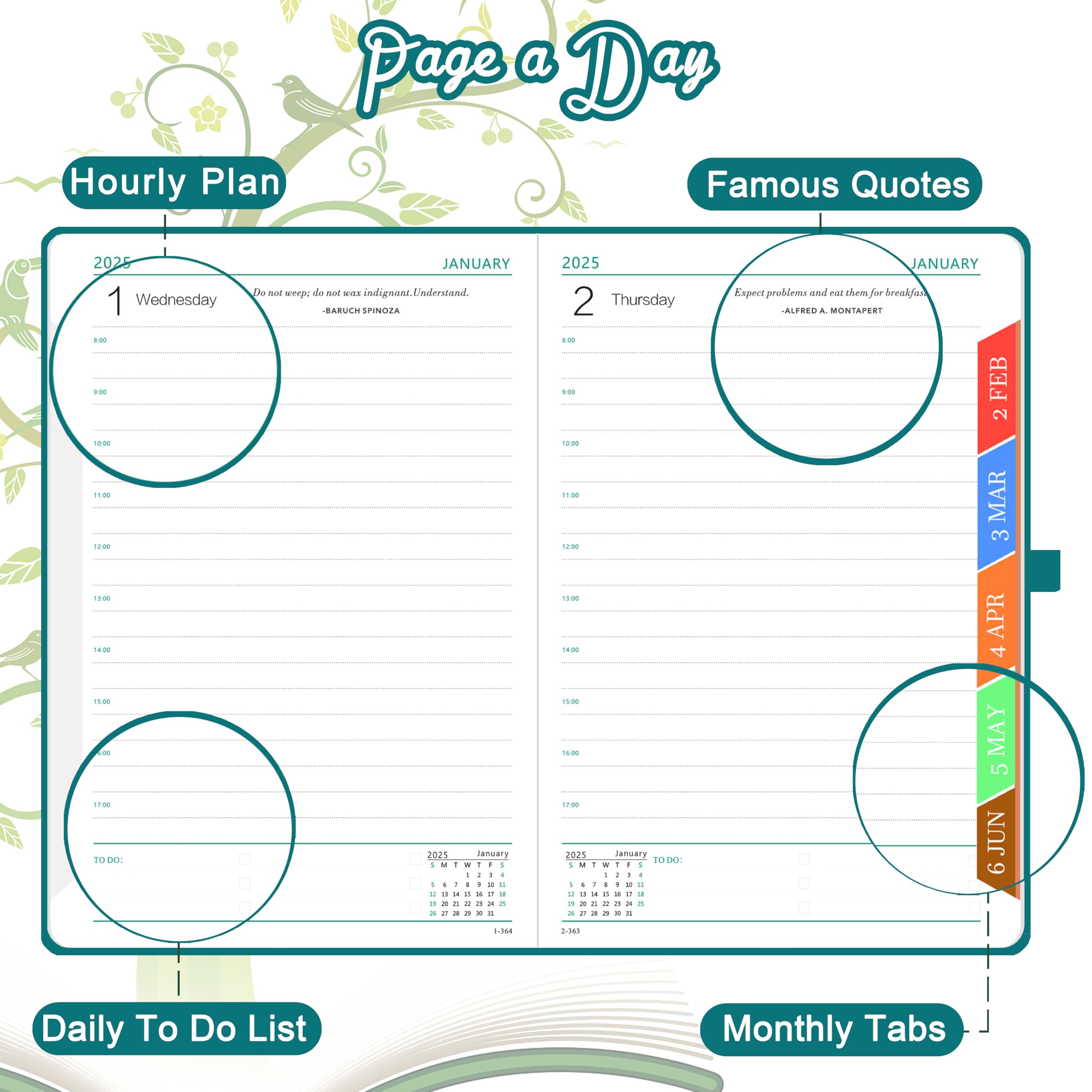2025 A5 Daily Planner - One Page Per Day, January to December, Tree of Life Design | Includes Colorful Monthly Tabs, Pen Set & Inner Pocket | 5.9