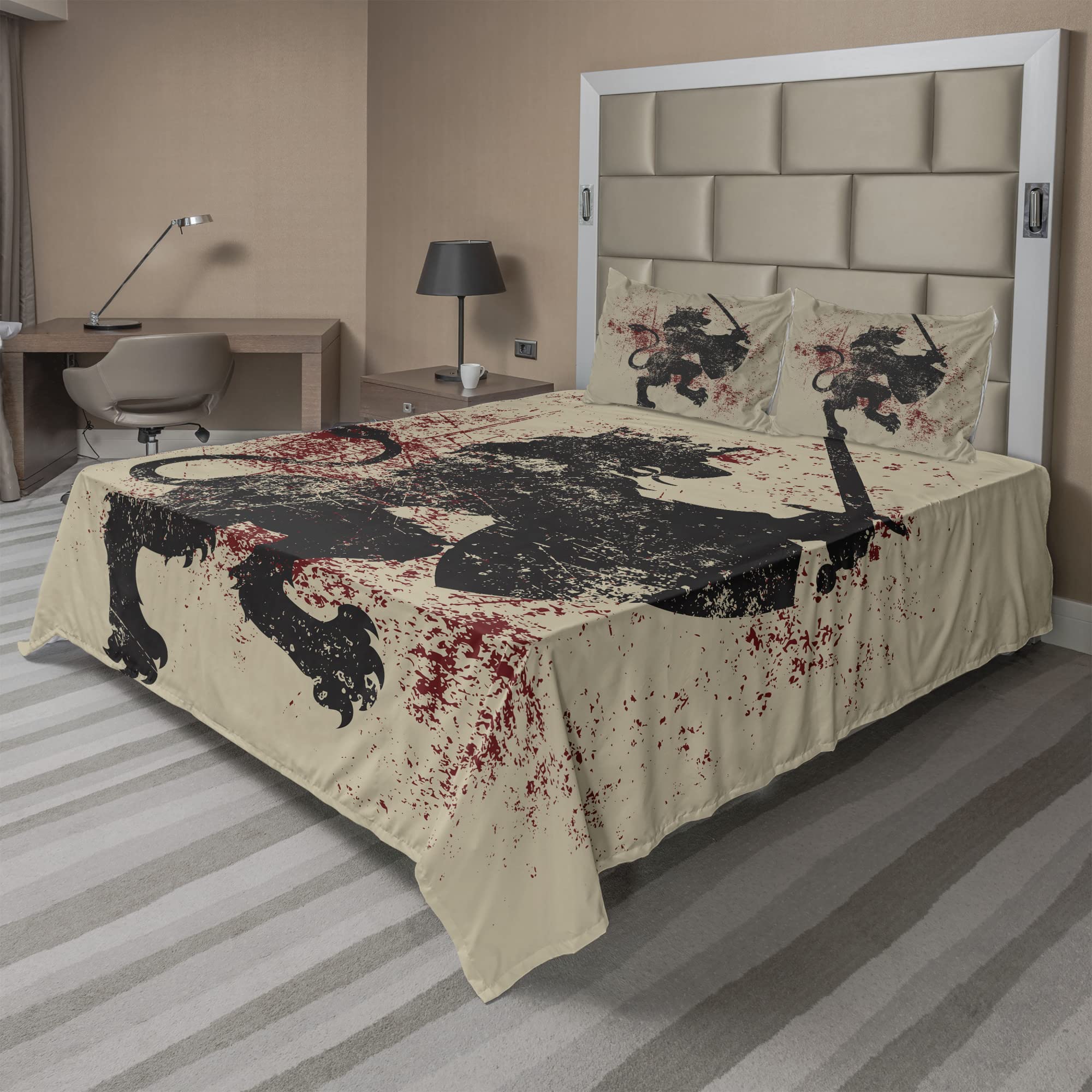 Ambesonne King Sheet Set - Fantasy Lion Courage with Armor & Shield on Grunge Backdrop, 4-Piece Bedding Set (Fitted Sheet, Flat Sheet, 2 Pillowcases) - Queen Size, Black White & Burgundy - Perfect for Themed Bedrooms, Game Rooms & Lion Lovers