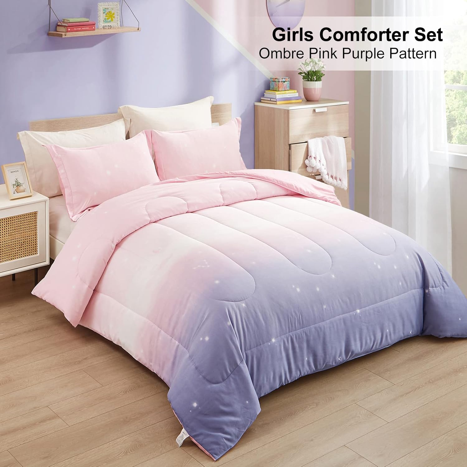Ombre Pink Purple Rainbow 3-Piece Girls Comforter Set - Queen Size Bedding Collection for Teen Girls Room Decor & Cozy Sleep