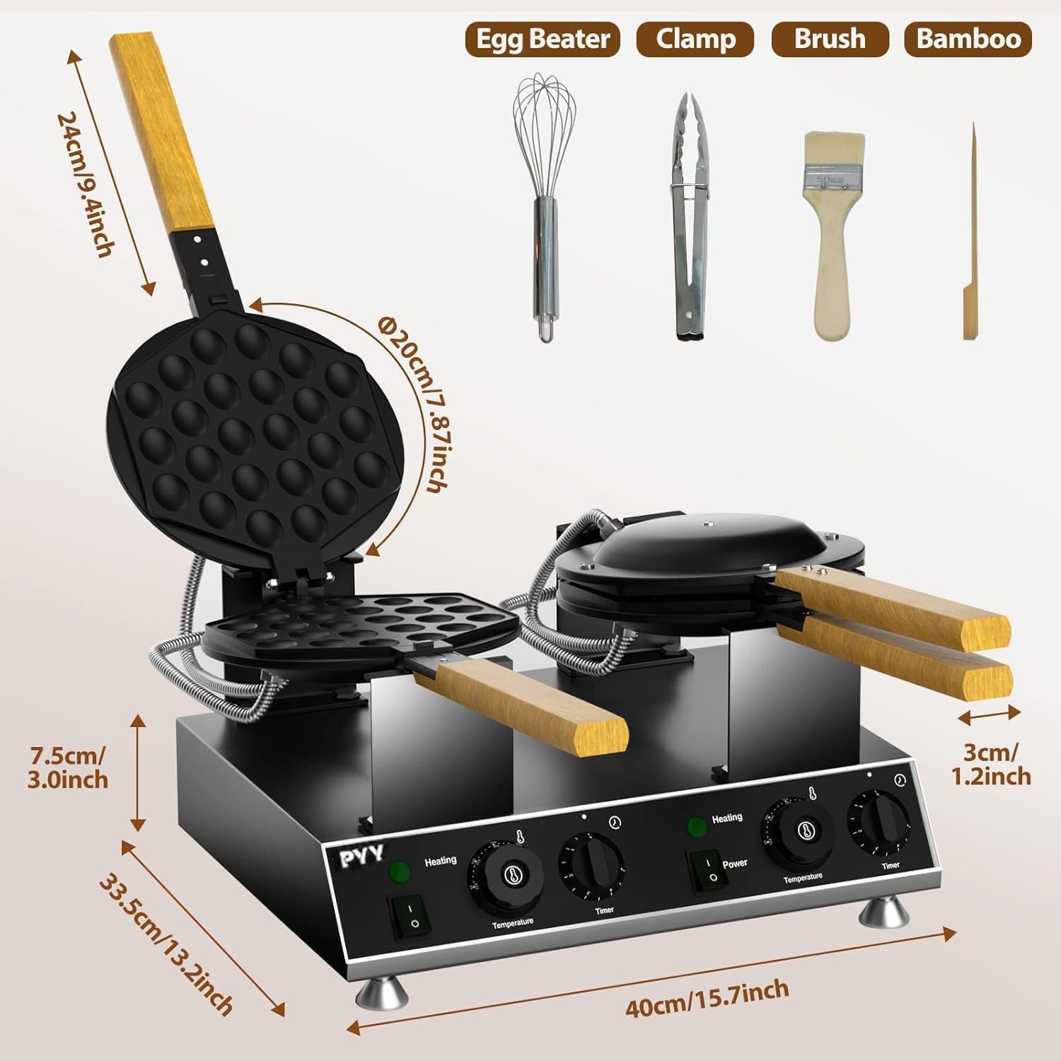 Commercial Double Bubble Waffle Maker - Non-Stick Hong Kong Egg Waffle Iron with 180° Rotation, Stainless Steel Pancake Machine for Home & Restaurant Use - Perfect for Breakfast, Desserts, and Street Food Snacks