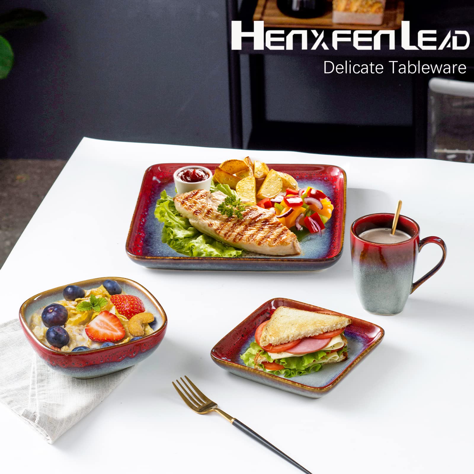 HENXFEN 16-Piece Square Ceramic Dinnerware Set for 4 - Stoneware Plates, Bowls & Mugs - Microwave, Oven & Dishwasher Safe - Scratch Resistant - Perfect for Family Dinners, Parties & Restaurant Use