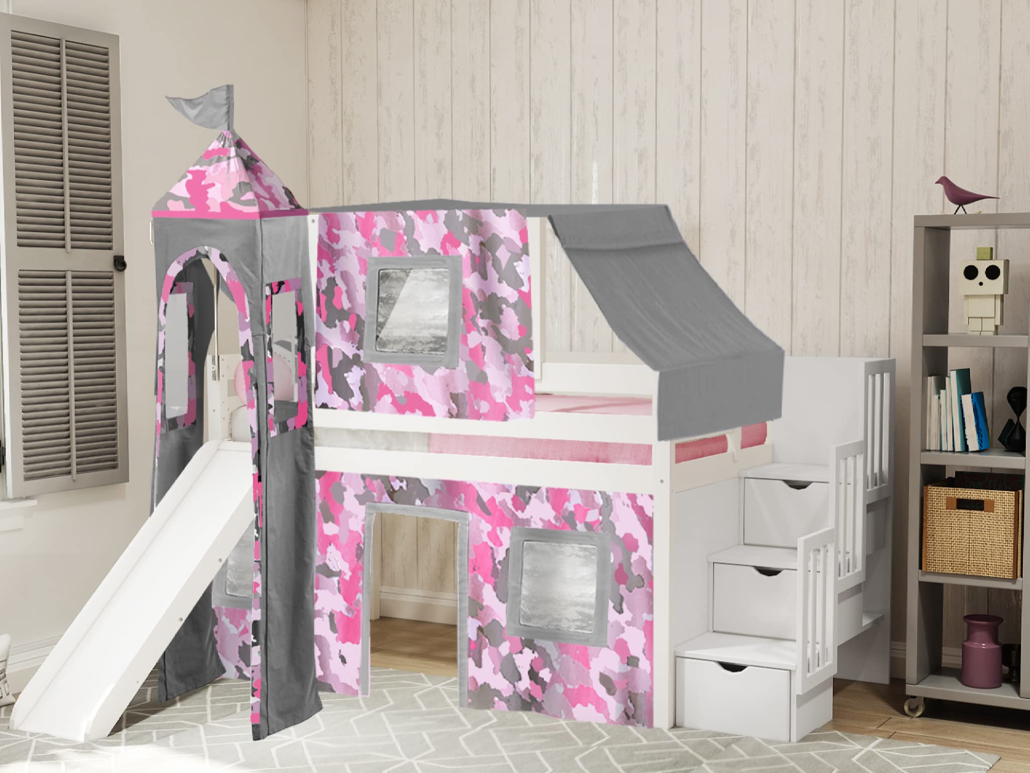 Princess Low Loft Stairway Bed with Slide - Pink Camo Tent & Tower Twin Size Loft Bed in White | Perfect for Kids' Bedrooms, Playrooms & Small Spaces