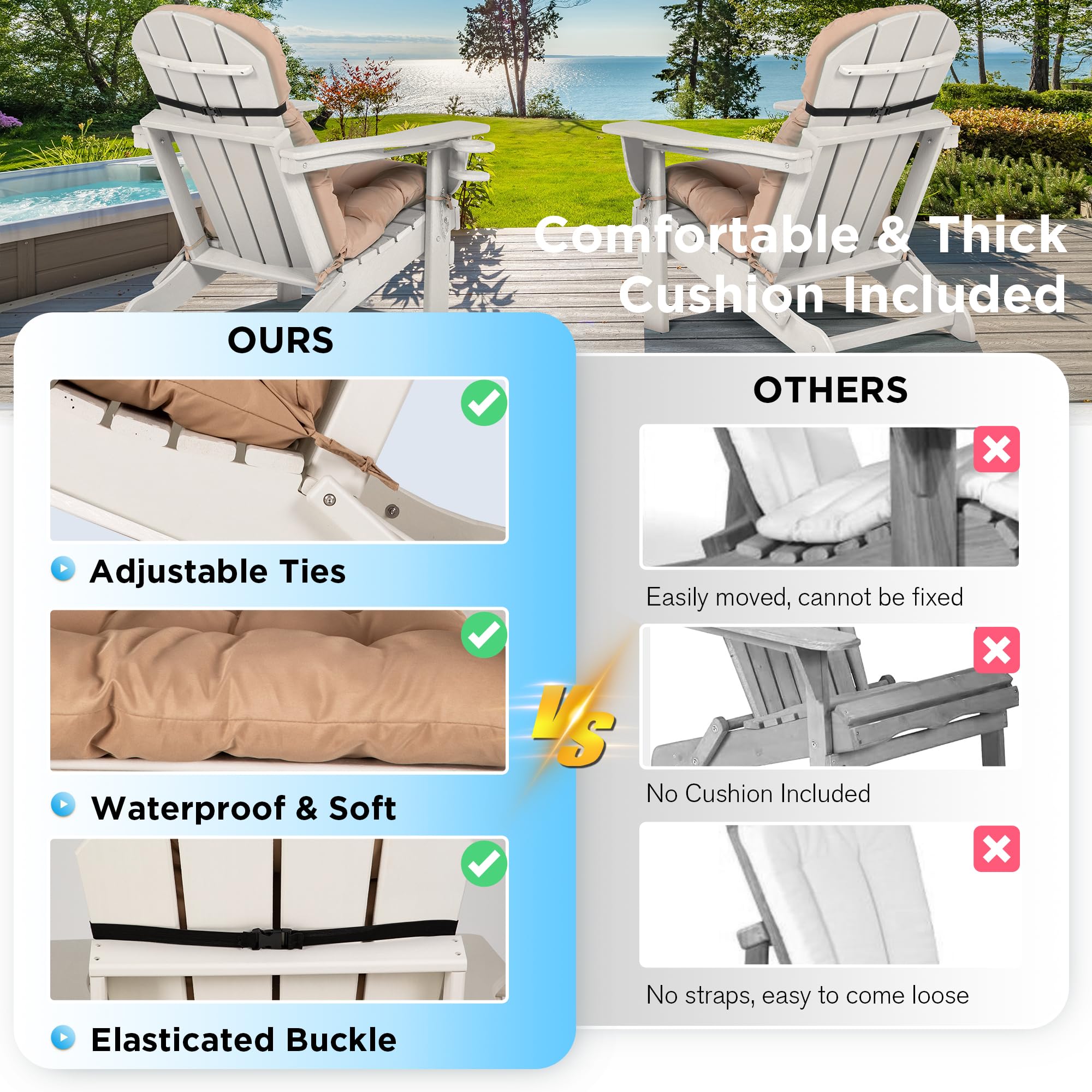 Nalone Folding Adirondack Chair with Cushion & Cup Holder - HDPE Plastic Oversized Weather-Resistant Patio Chair for Outdoor, Fire Pit, Deck, Garden & Camping (White) - Perfect for Backyard Relaxation & Poolside Lounging