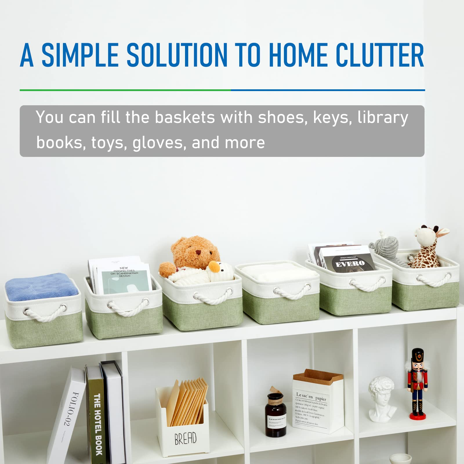 Bidtakay 6-Pack Small Storage Baskets - White & Green Decorative Organizing Bins for Linen Closet, Shelves, Nursery, or Pet Toys | Perfect for Home Organization, Baby Storage & Gift Packaging