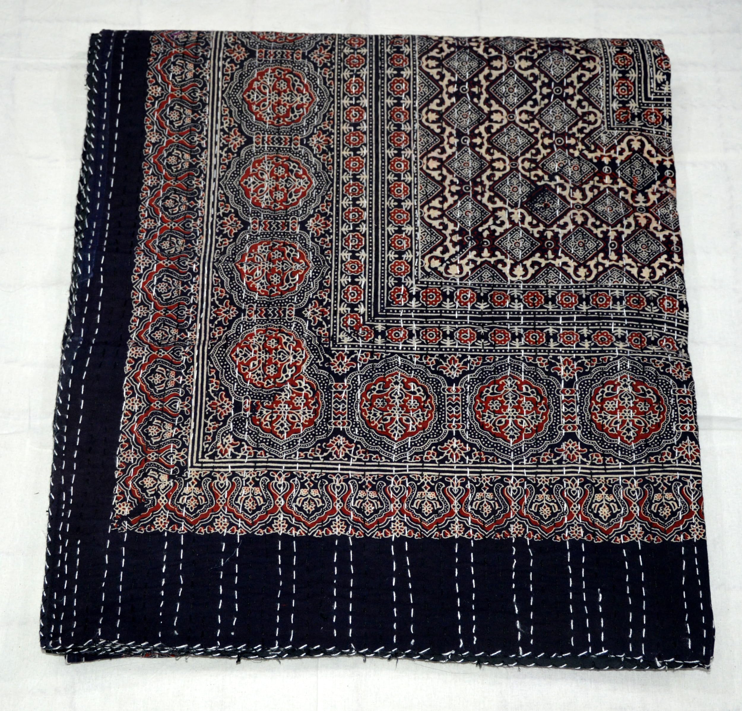 Marusthali Indian Kantha Quilts - Handmade Vintage Cotton Bedspread, Queen Size 90x108 Inch Black - Traditional Hand Block Printed Throw Blanket for Bed, Sofa & Couch Cover - Perfect for Boho Home Decor, Guest Room & Cozy Winter Nights