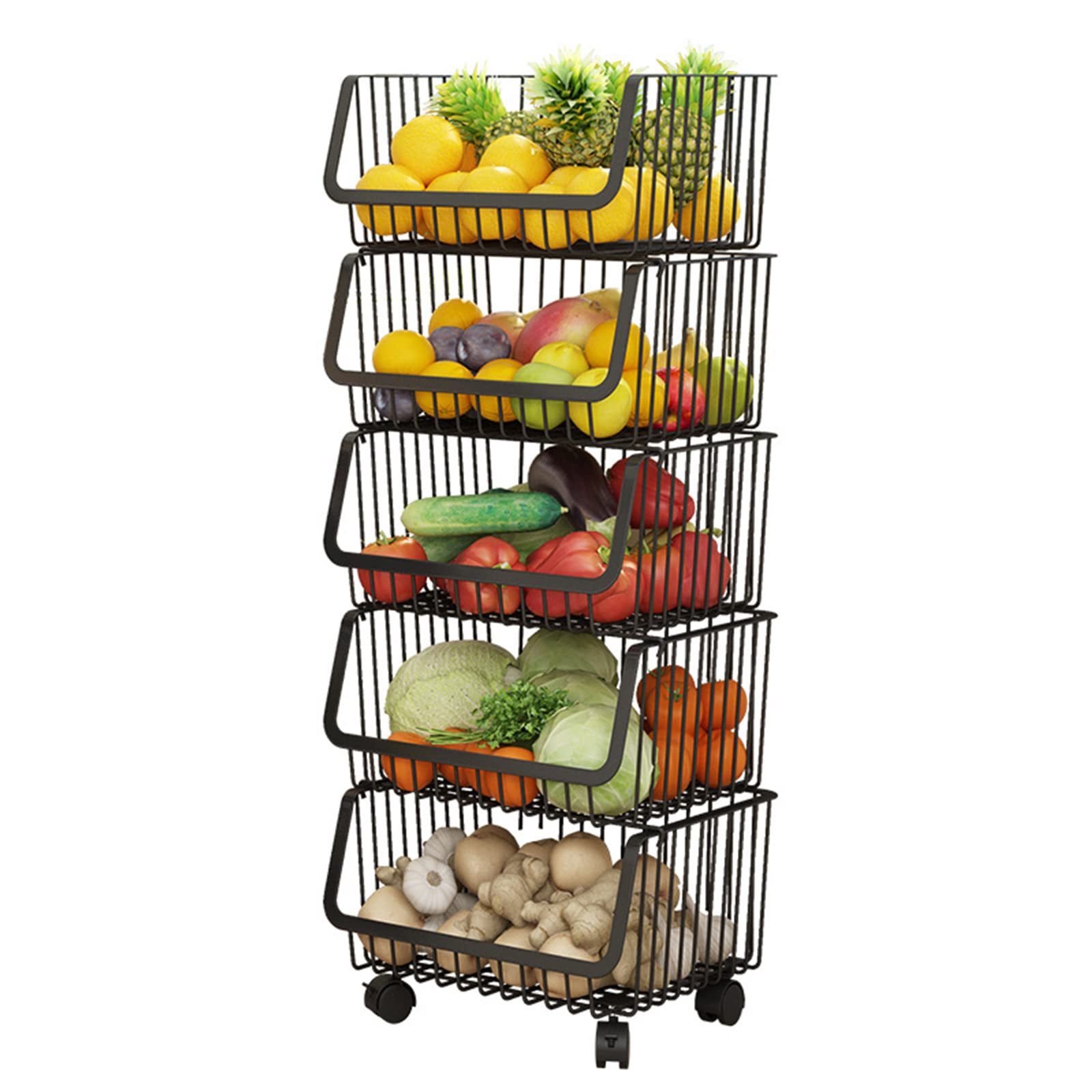 YXHRX Stackable Rolling Kitchen Storage Rack - 5-Tier Black Organizer Shelf for Fruits, Pantry, Market & Garage | Space-Saving Home Organization Solution for Small Kitchens & Cluttered Spaces