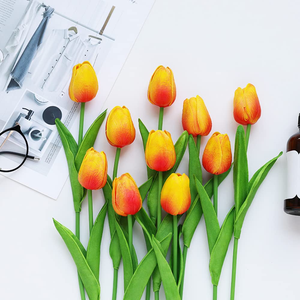 30 Pcs Real Touch Artificial Tulip Flowers - Faux Latex Tulip Stems for Wedding, Party & Home Decor (Sunset Orange) | DIY Centerpieces, Table Arrangements, Bridal Bouquets