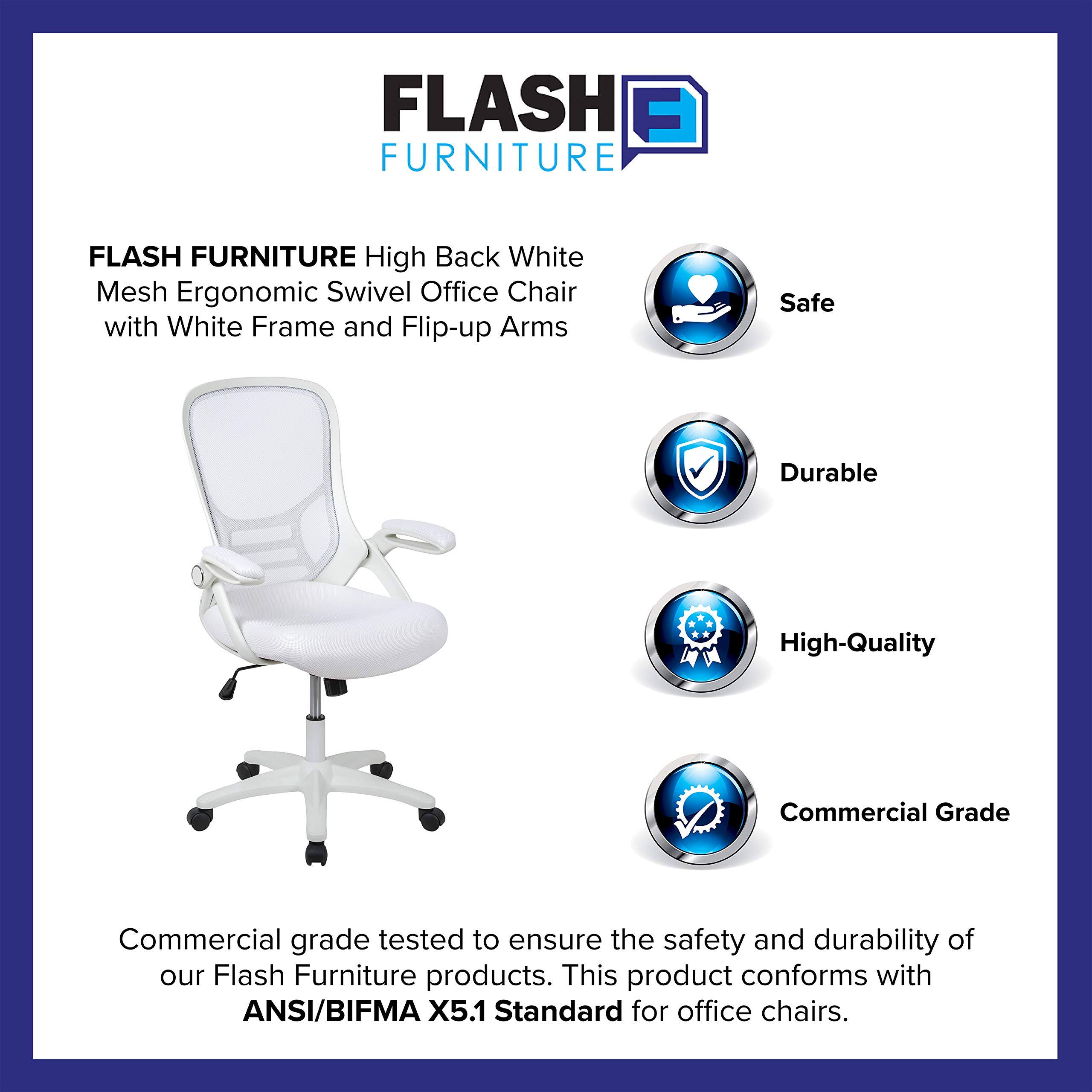 Flash Furniture Porter High-Back Swivel Office Chair with Adjustable Lumbar Support & Height - Ergonomic Mesh Desk Chair with Flip-Up Armrests, White - Perfect for Home Office, Gaming & Workspaces