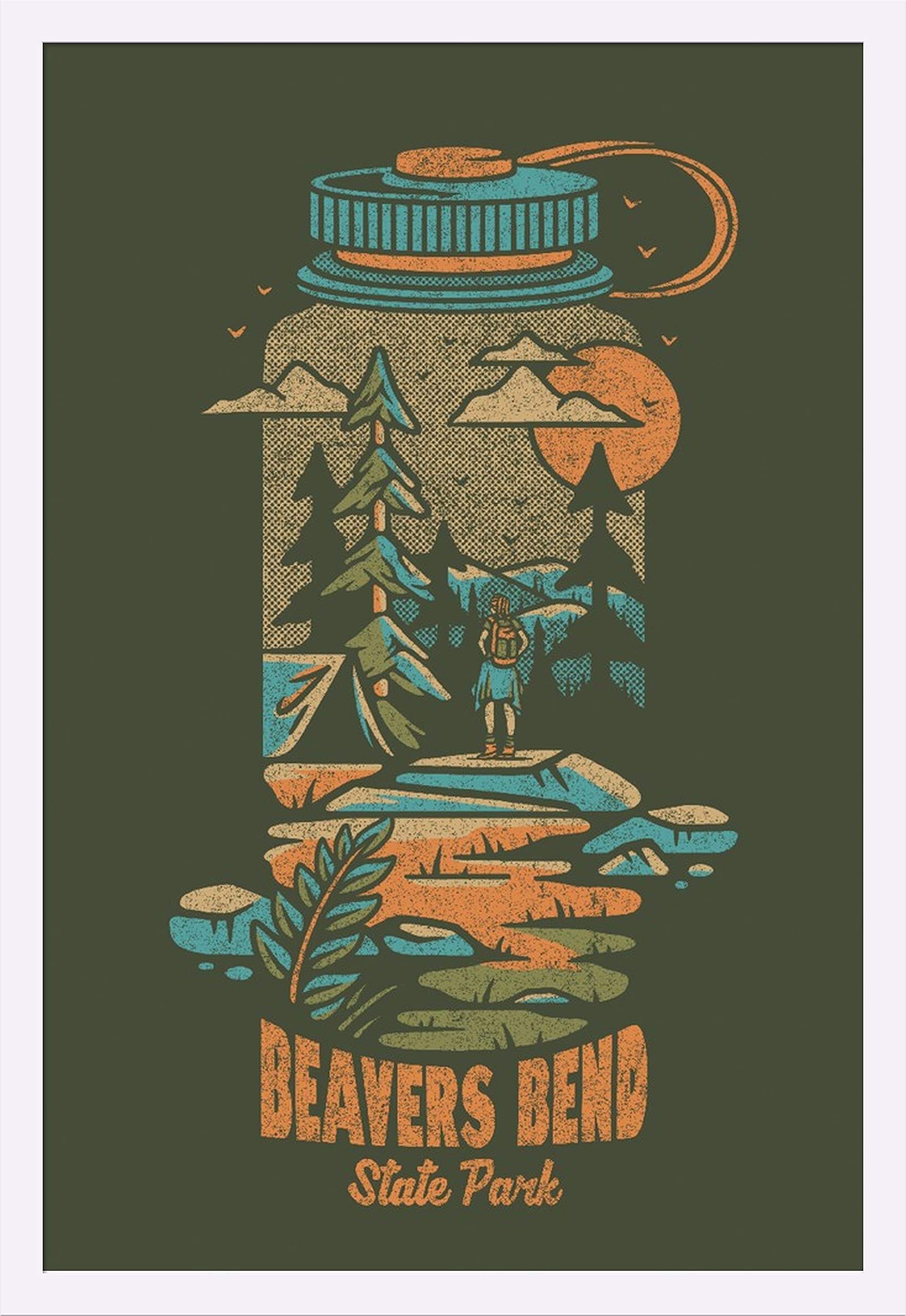 Beavers Bend State Park Oklahoma Water Bottle - Distressed Vector 113077 Art Print (24x36 Giclee, Gallery Framed, White Wood) - Perfect for Home Decor, Office Wall Art & Nature Lover Gifts