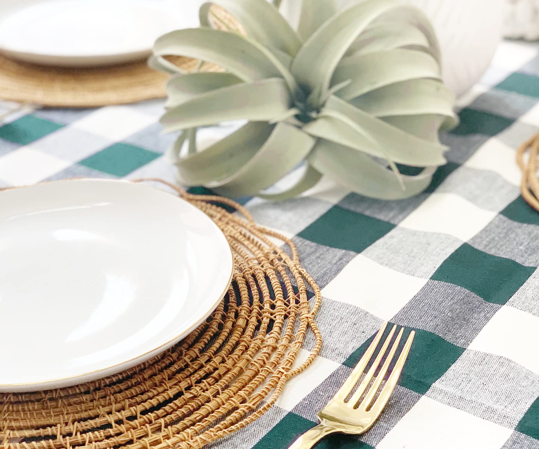 Green & White Buffalo Plaid Tablecloth - Heavy Duty Washable Cotton Linen Gingham Table Cover for Kitchen, Dining Room, Holiday, Picnic | Farmhouse Style Spring & Easter Decor | 63x109 Inches