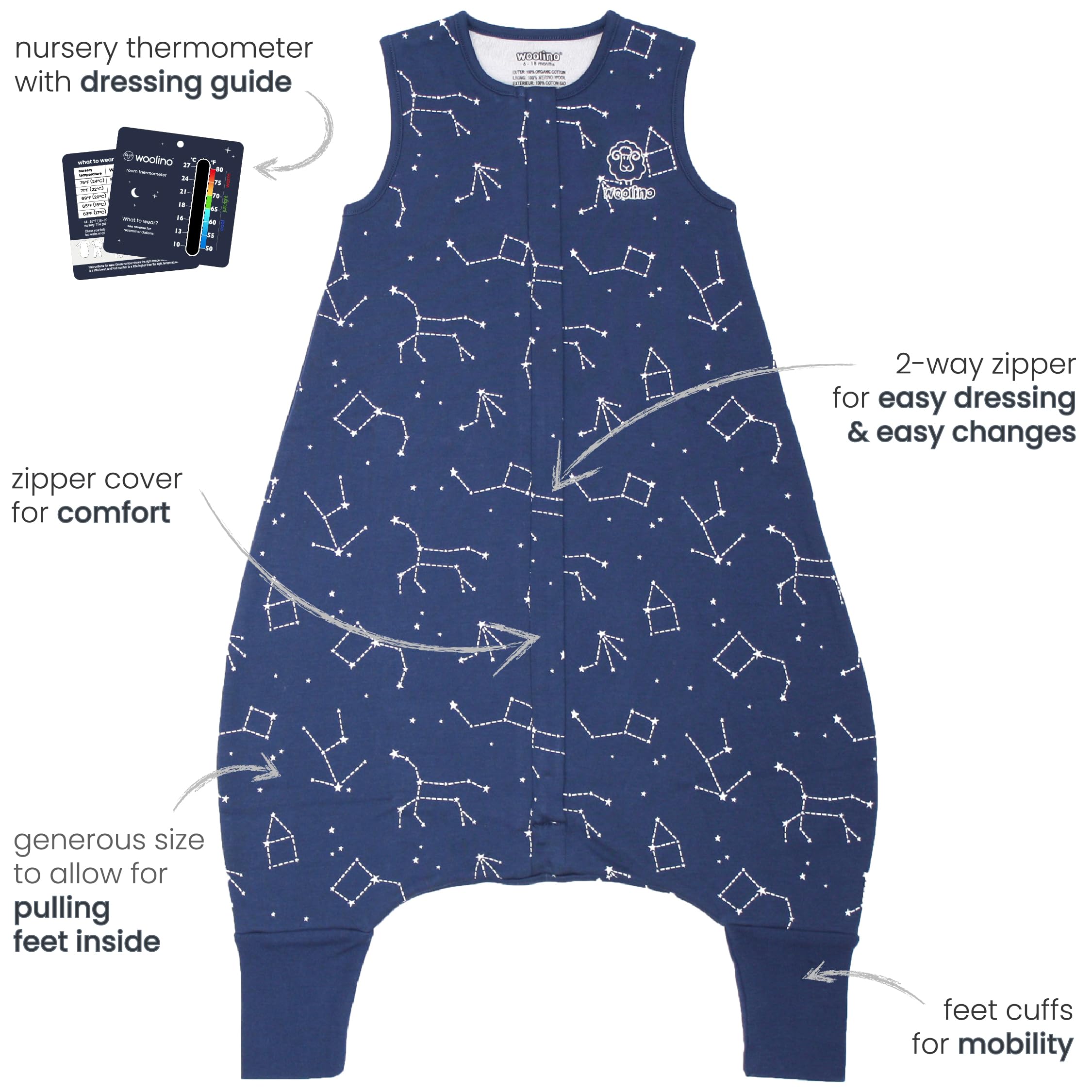 Woolino 4 Season Baby Sleep Sack with Feet - Breathable Australian Merino Wool & Organic Cotton - 6-18 Months - Panda Design - Perfect for Nursery, Daycare & Travel