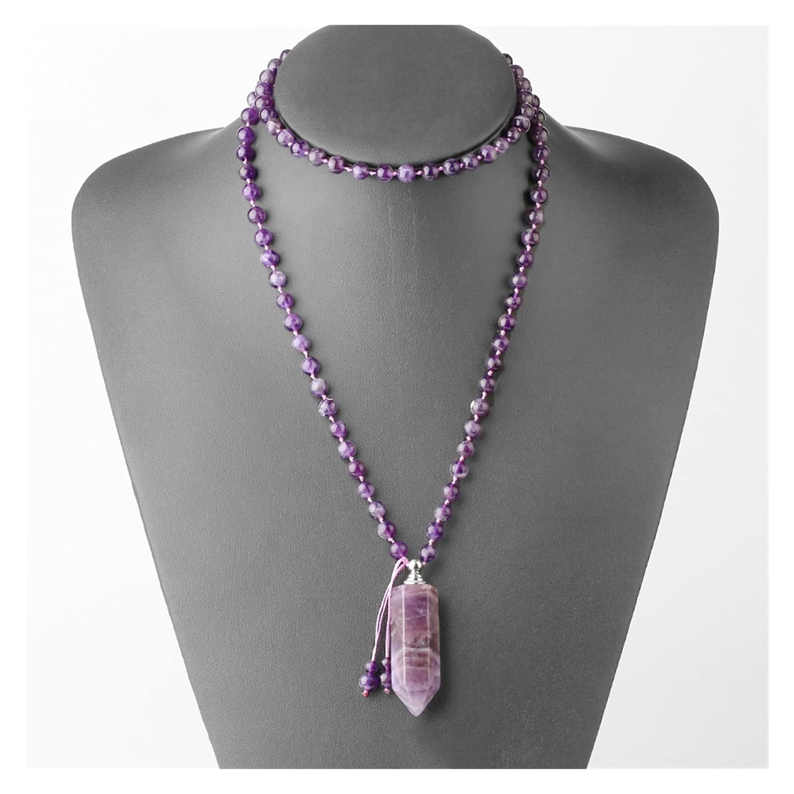 Natural Gemstone Hexagonal Perfume Bottle Pendant Necklace - Amethyst Purple Pink Crystal Essential Oil Diffuser Jewelry for Women | Perfect for Aromatherapy, Meditation & Spiritual Healing