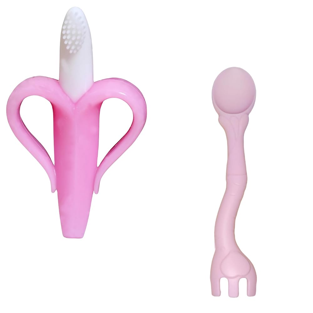 Kritiu Banana-Shaped Baby Toothbrush & Spoon Set - Soft Silicone Teether for Infants | BPA-Free, Non-Toxic & Easy to Clean | Perfect for Feeding & Soothing Sore Gums (Pink)