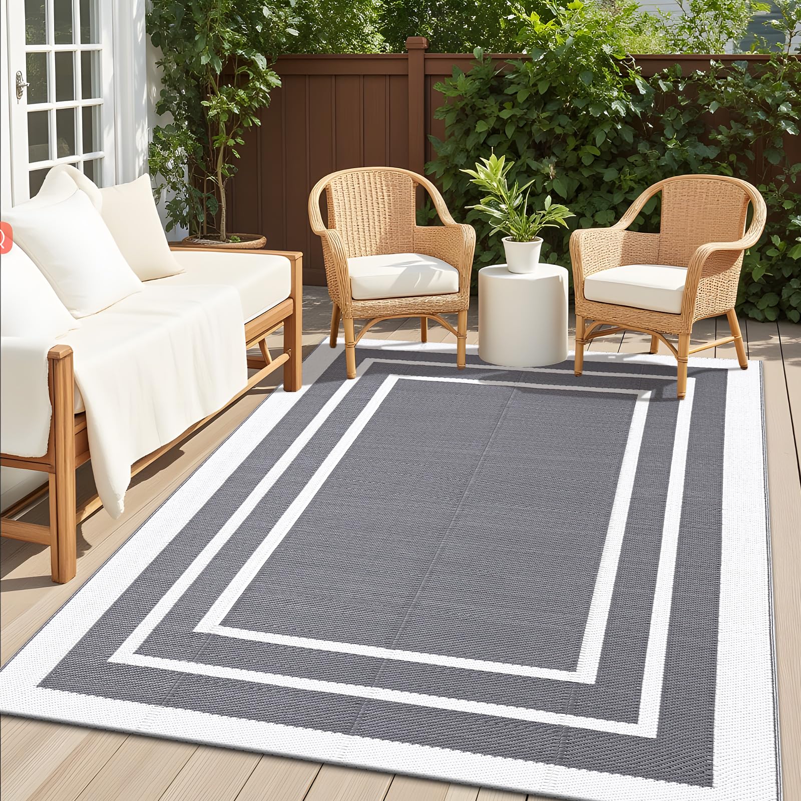 OLANLY 5x8 ft Waterproof Reversible Outdoor Plastic Straw Rug - Durable RV Mat for Patio, Camping, Balcony & Deck - Indoor/Outdoor Carpet in Grey & White | Perfect for Backyard, Picnics & Beach Trips