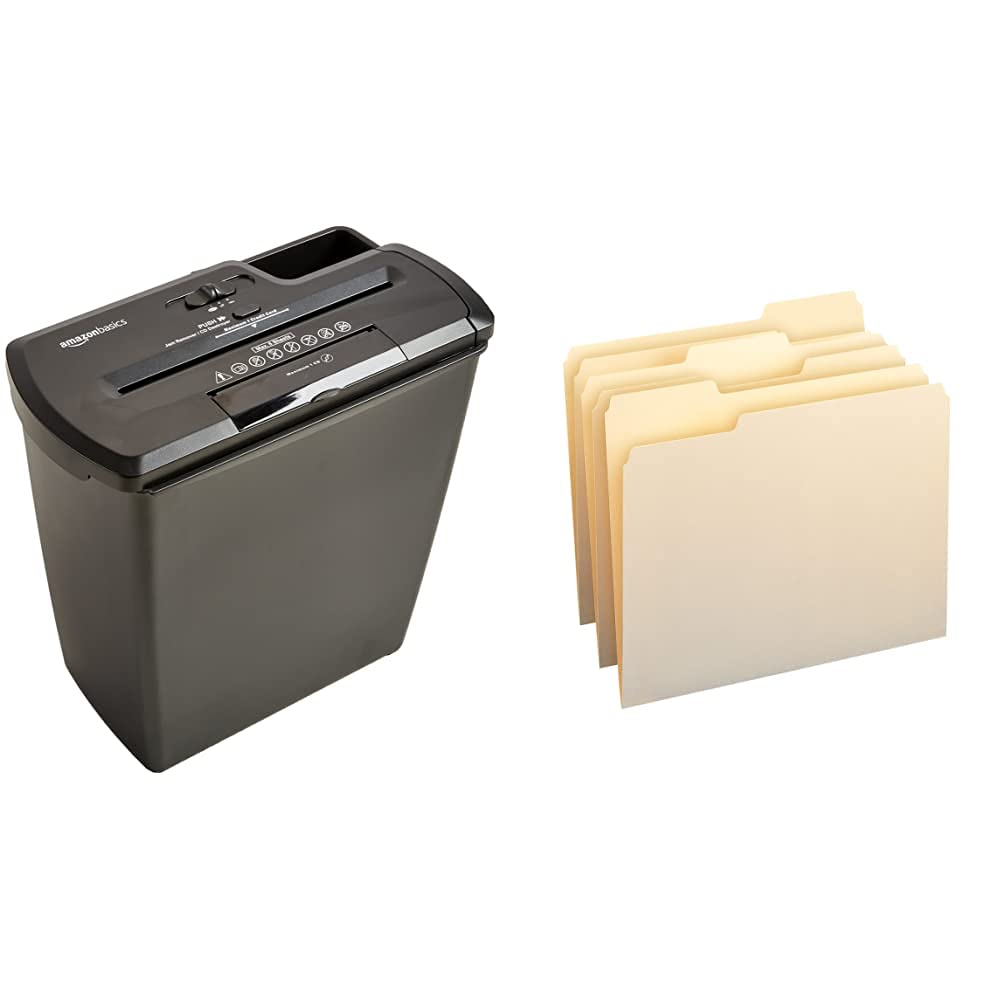 AmazonBasics PBH-55473 8-Sheet Cross-Cut Paper Shredder with CD & Credit Card Destroyer + 100 Manila File Folders Letter Size - Perfect for Office Document Security & Home Organization