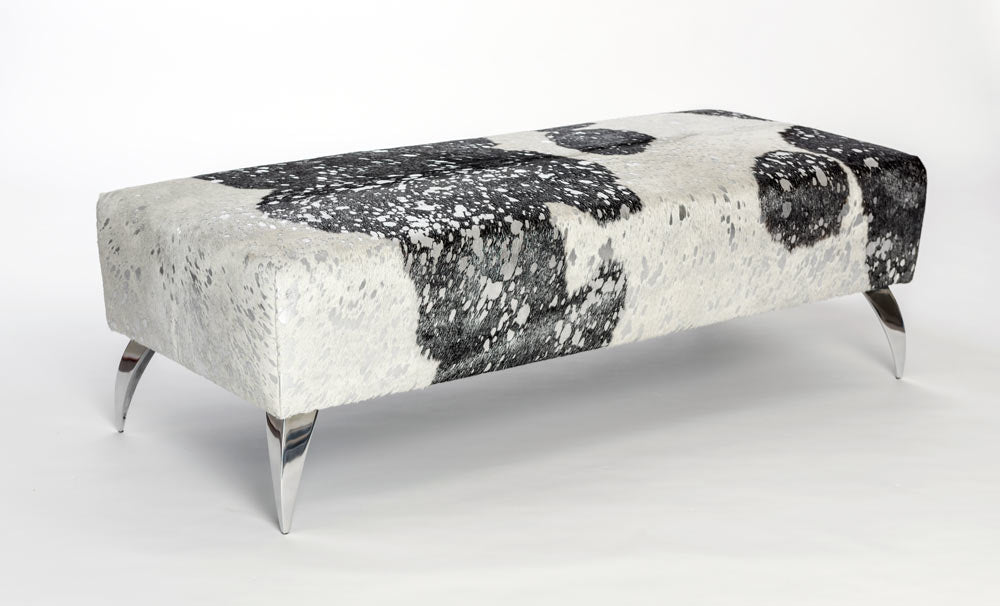 Premium Cowhide Ottoman with Silver Metallic Finish & Sturdy Aluminum Legs - 51