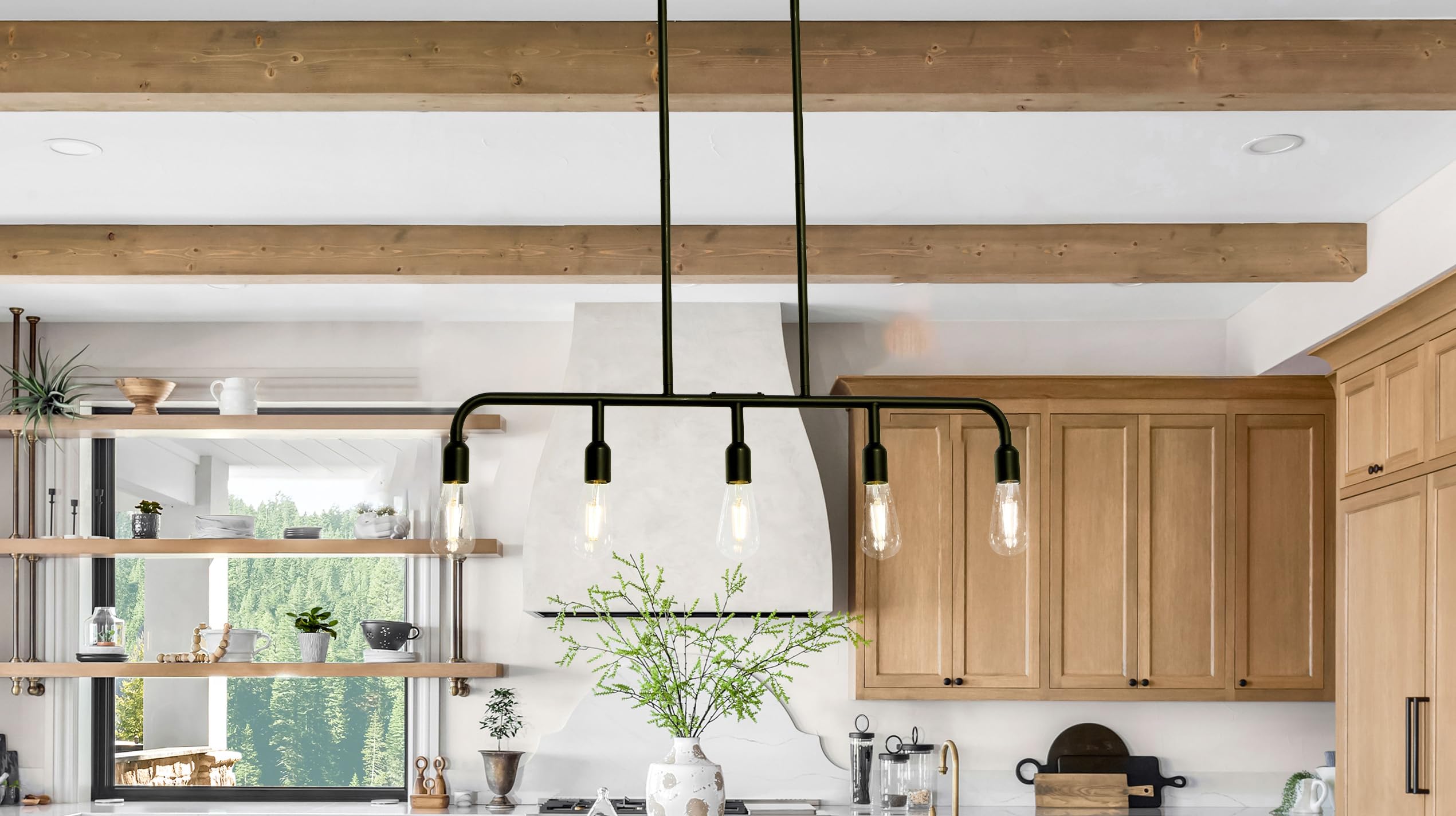 Benson Exposed Bulb Metal 5-Light Linear Chandelier - Modern Industrial Pendant Lighting for Dining Room, Kitchen Island & Living Room Decor