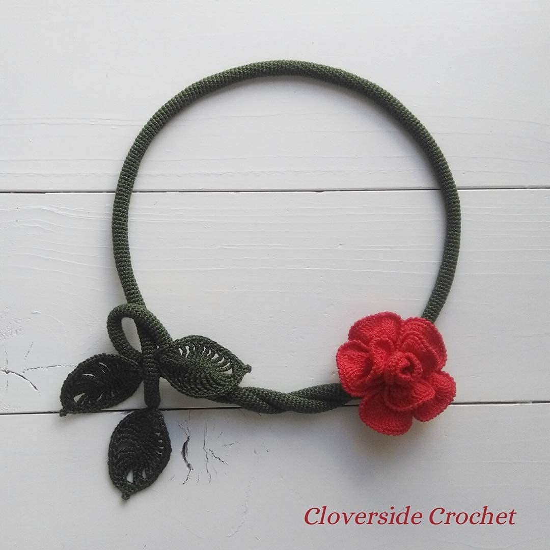 Handmade Crochet Red Rose Necklace with Leaves - Elegant Floral Jewelry for Women - Perfect for Weddings, Parties & Everyday Wear