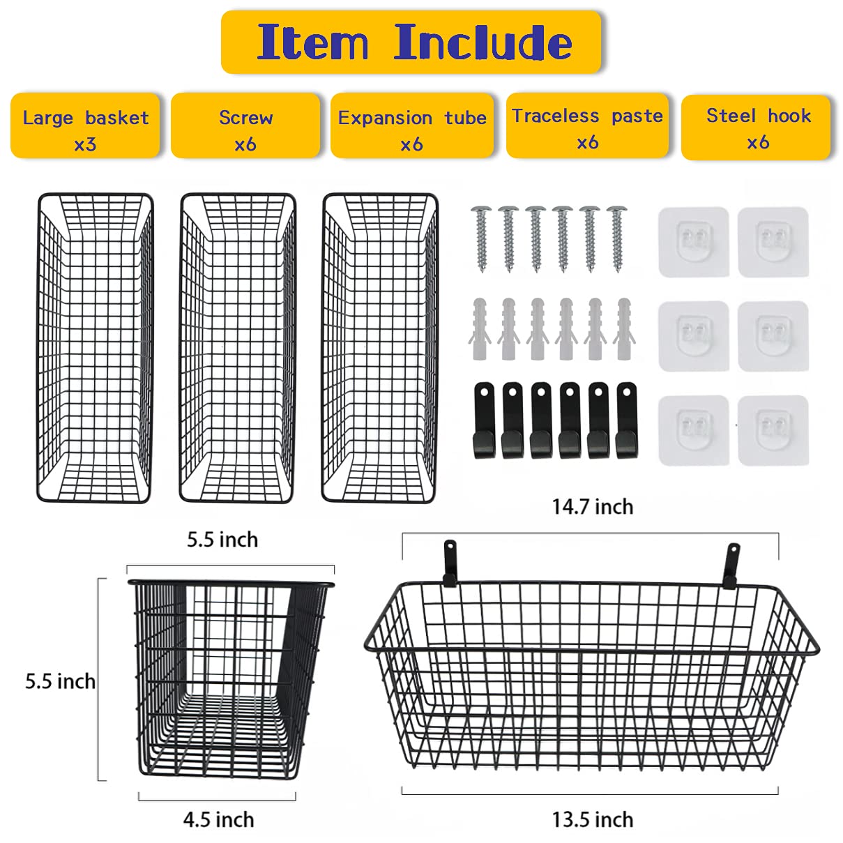 3-Pack Extra Large Hanging Wall Wire Baskets - Rustic Farmhouse Storage for Kitchen Pantry, Laundry Room, Closet & Garage Organization - Perfect for Small Space Storage in Homes, RVs and Dorm Rooms - Black