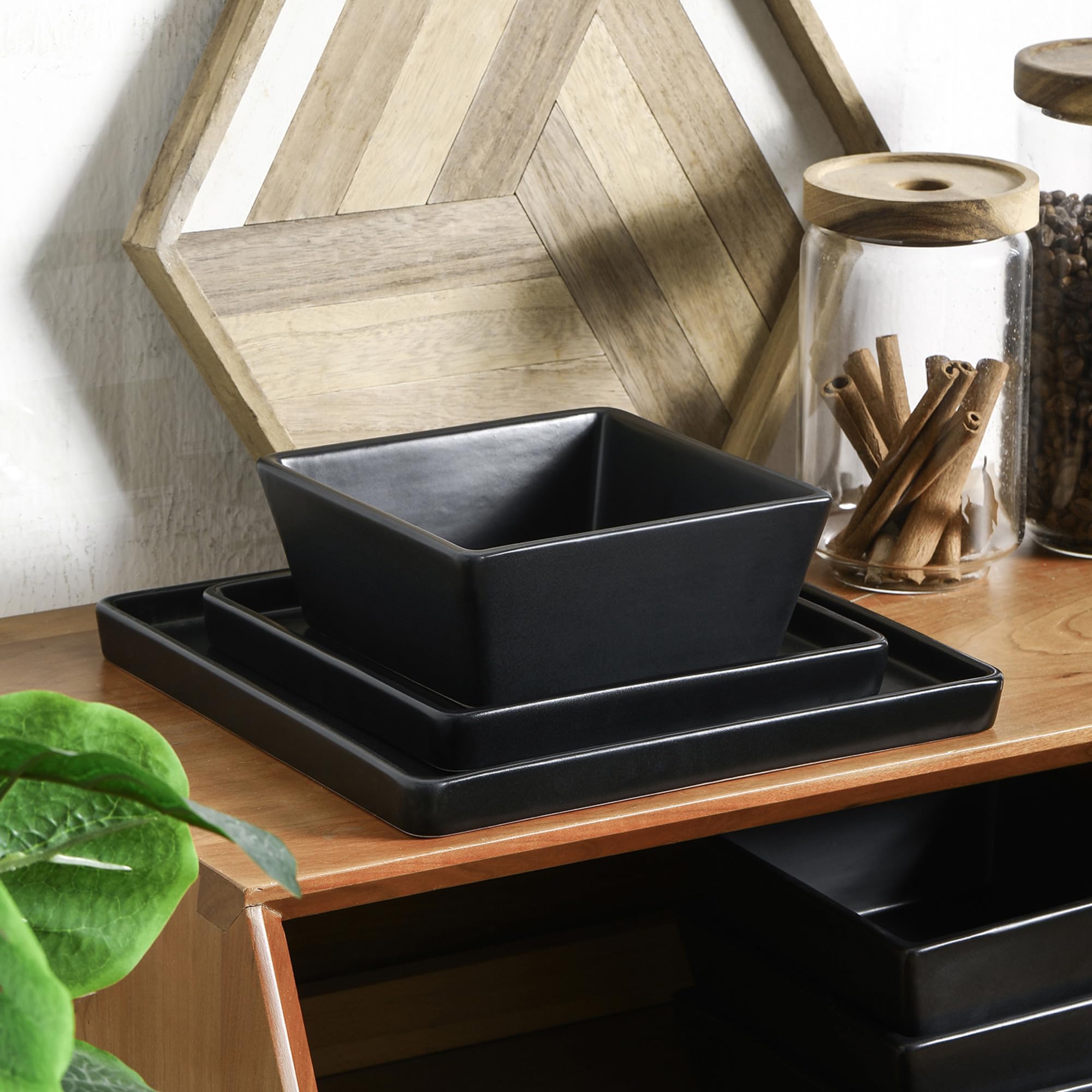 Premium 12-Piece Stoneware Dinnerware Set for 4 - Black Square Plates & Bowls - Durable Stone Lain Grace Collection - Perfect for Family Dinners, Entertaining Guests & Restaurant-Style Dining