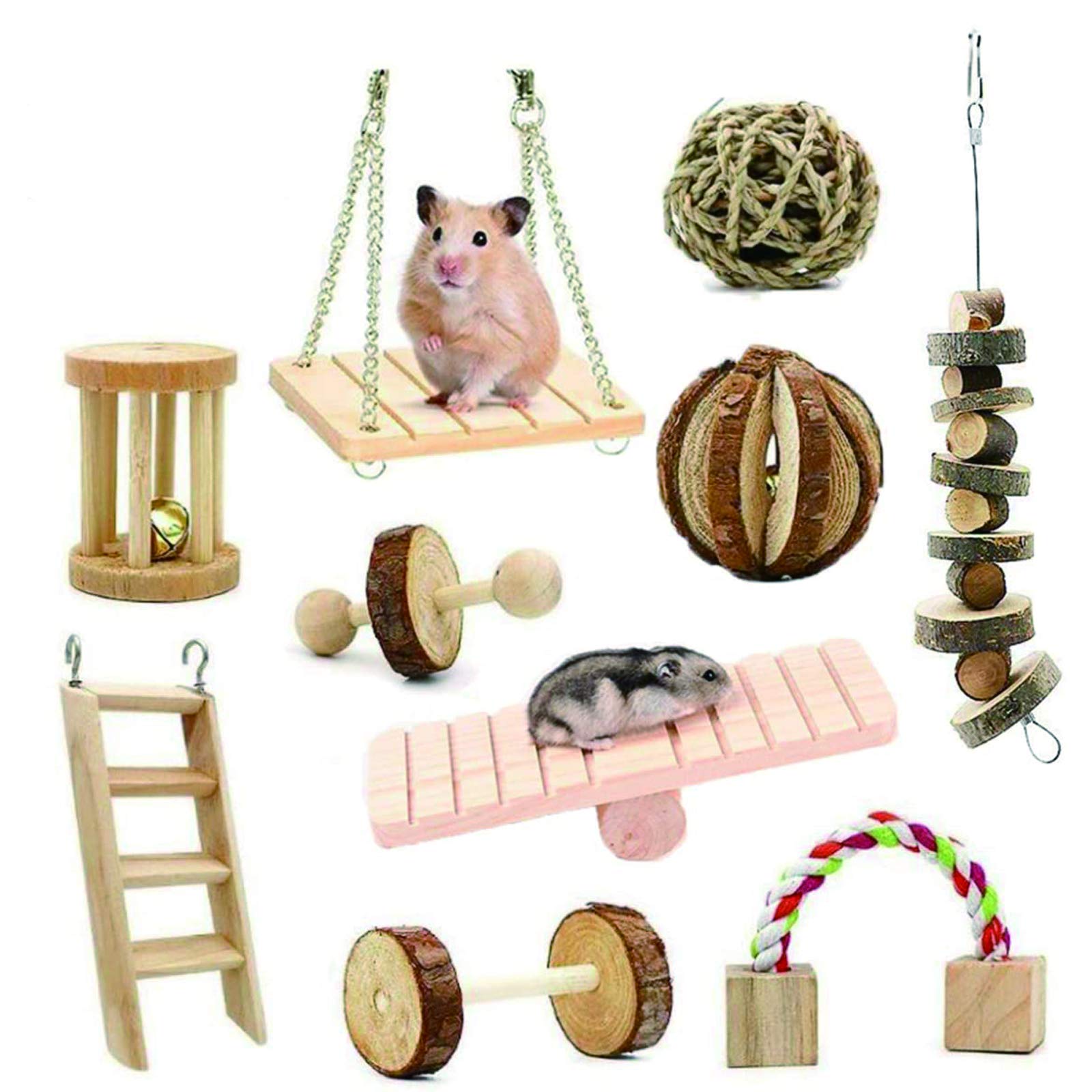 Natural Wooden Hamster Chew Toys for Guinea Pigs, Rats & Chinchillas - 10PC Dumbbell Exercise Bell Roller Teeth Care Molar Toys (Pine Wood, Wood Color) - Small Pet Dental Health & Enrichment Activity for Cages