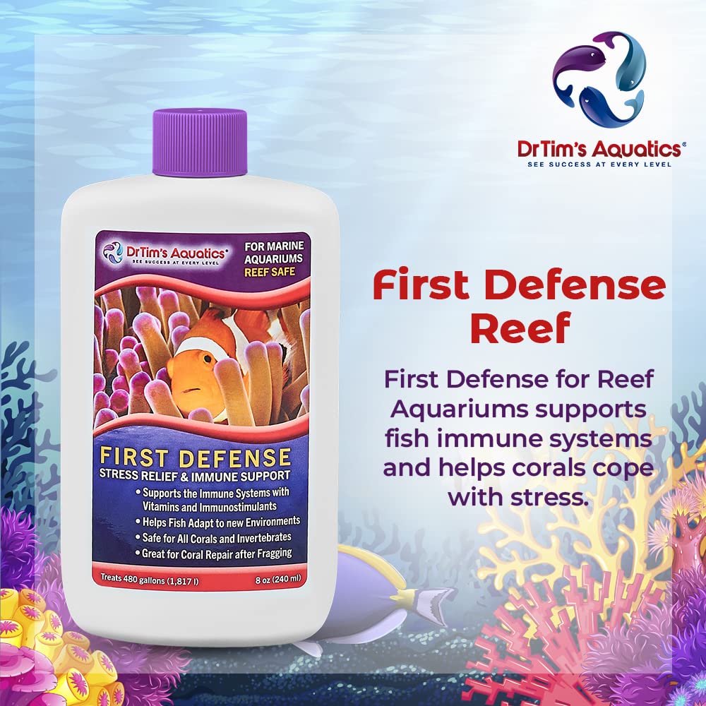 DrTim's Aquatics First Defense for Reef Aquariums - Stress Relief & Immune Support with Vitamins & Immunostimulants for Saltwater Fish - 32 oz Bottle - Perfect for Coral Reef Tanks, Marine Fish Health & Water Quality Maintenance
