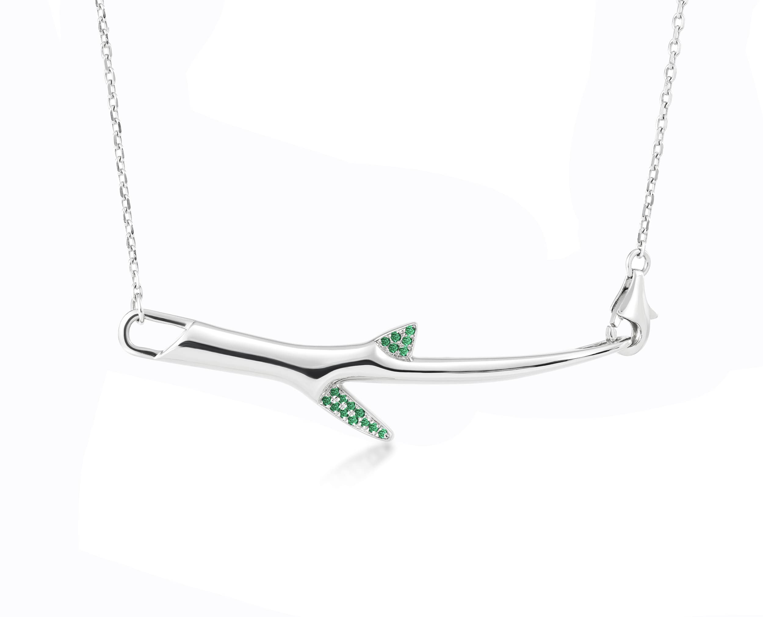 Emerald Floral Pendant Necklace - Silver Tree Branch Necklace - Rose Quartz Sakura Twig Jewelry for Women, Gift for Her, Boho Chic Style, Perfect for Weddings & Special Occasions