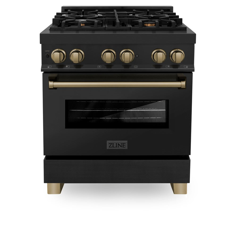ZLINE Autograph Edition 30-inch 4.0 cu. ft. Dual Fuel Range with 4-Burner Gas Cooktop & Electric Convection Oven - Black Stainless Steel with Champagne Bronze Accents (RABZ 30 CB) - Perfect for Modern Kitchens, Home Chefs & Gourmet Cooking