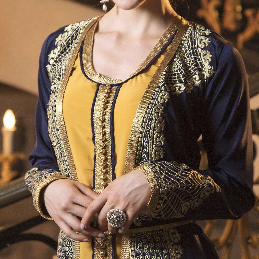 Elegant Dark Blue Designer Party Gown with Intricate Thread Work - Dubai Moroccan Kaftan MYPF1229 for Evening Events, Weddings & Special Occasions