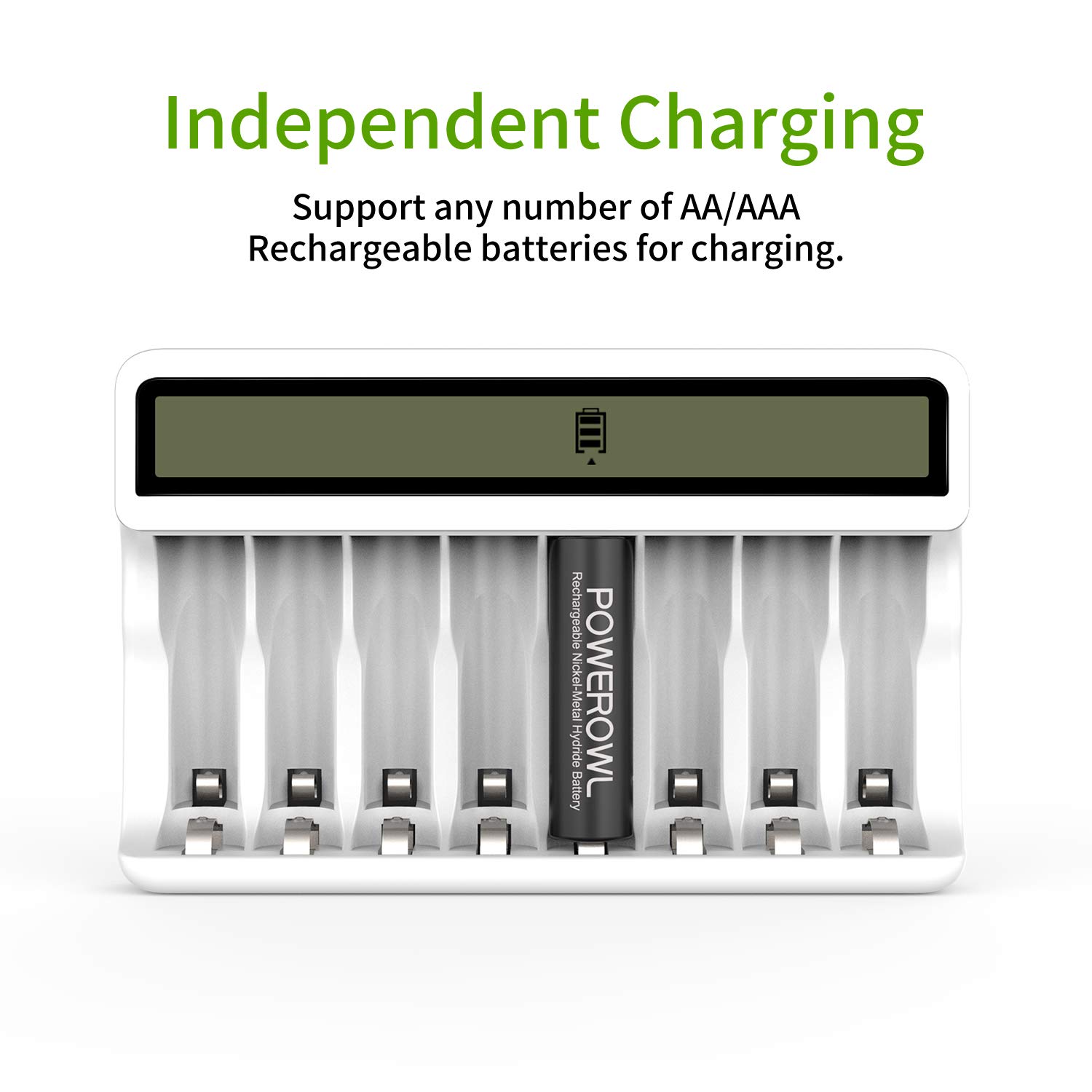 POWEROWL 8 Bay AA AAA Battery Charger with LCD Display - USB Fast Charging, Independent Slot for Ni-MH Ni-CD Rechargeable Batteries - Perfect for Cameras, Toys, Remote Controls & Home Electronics