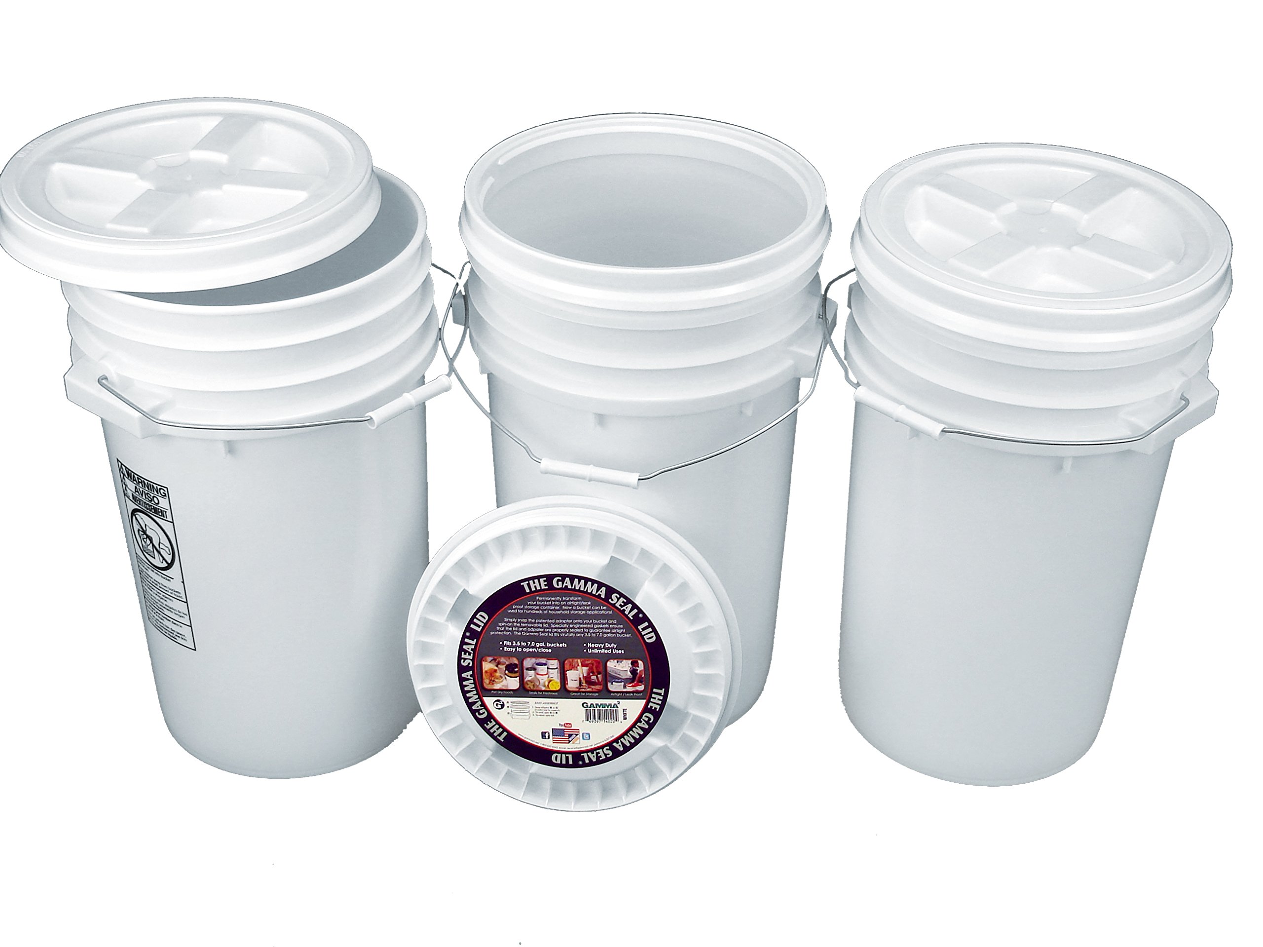 7 Gallon White Bucket Kit with Gamma Seal Lids - 3 Pack Heavy Duty Food Grade Storage Containers for Home, Camping, and Emergency Supplies