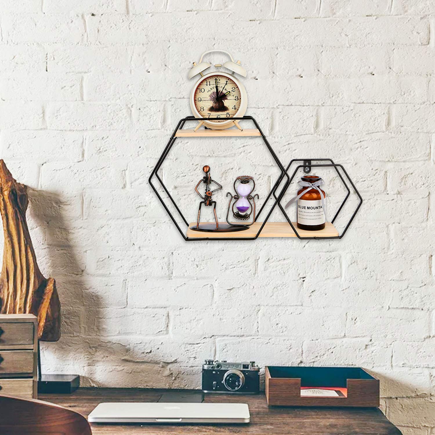 Rustic Wood Floating Wall Shelves - Hexagon Decorative Shelf for Living Room, Bedroom & Bathroom Storage | Farmhouse Style Home Decor Organizer